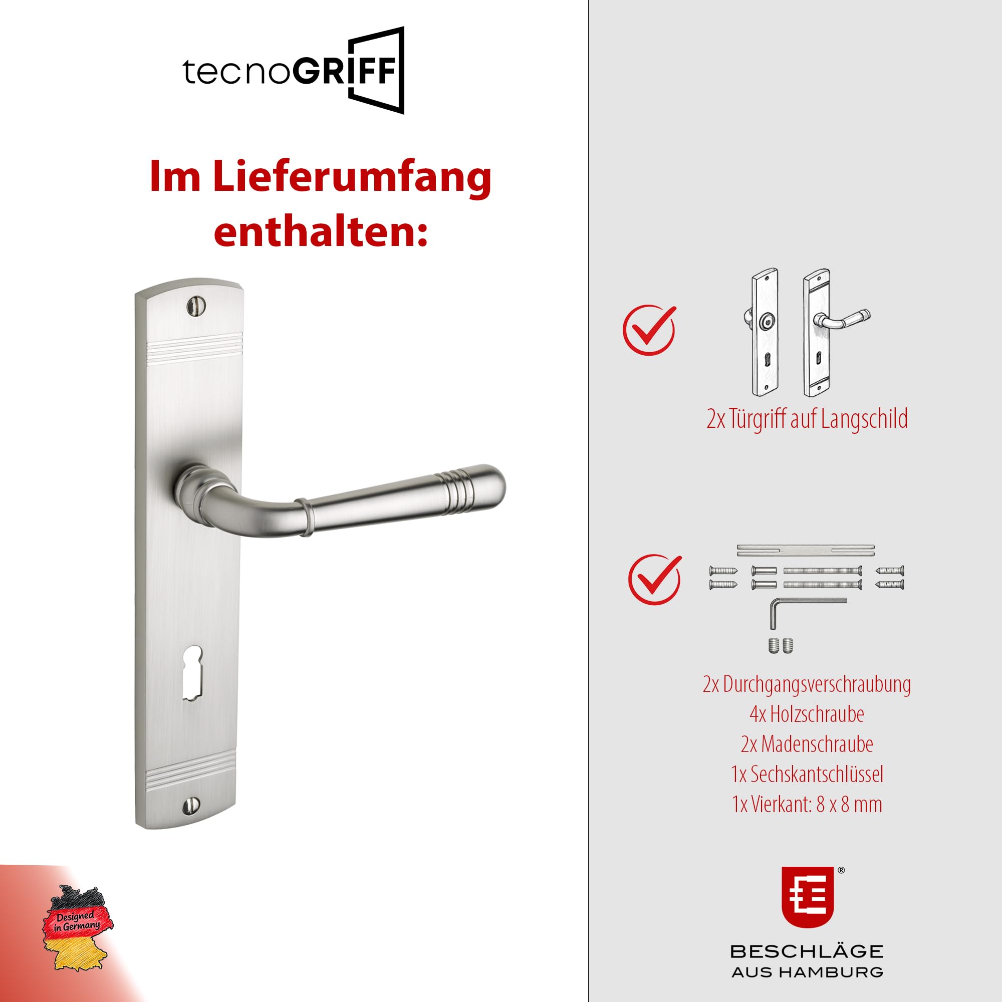 Beschläge Hamburg | Türgriff Türbeschlag | EMILY ART 70-09 MMN BB | Türklinke mit Buntbart Langschild 45 x 235 mm für Zimmertüren | Drückergarnitur/Türdrücker für Innentüren | in matt vernickelt