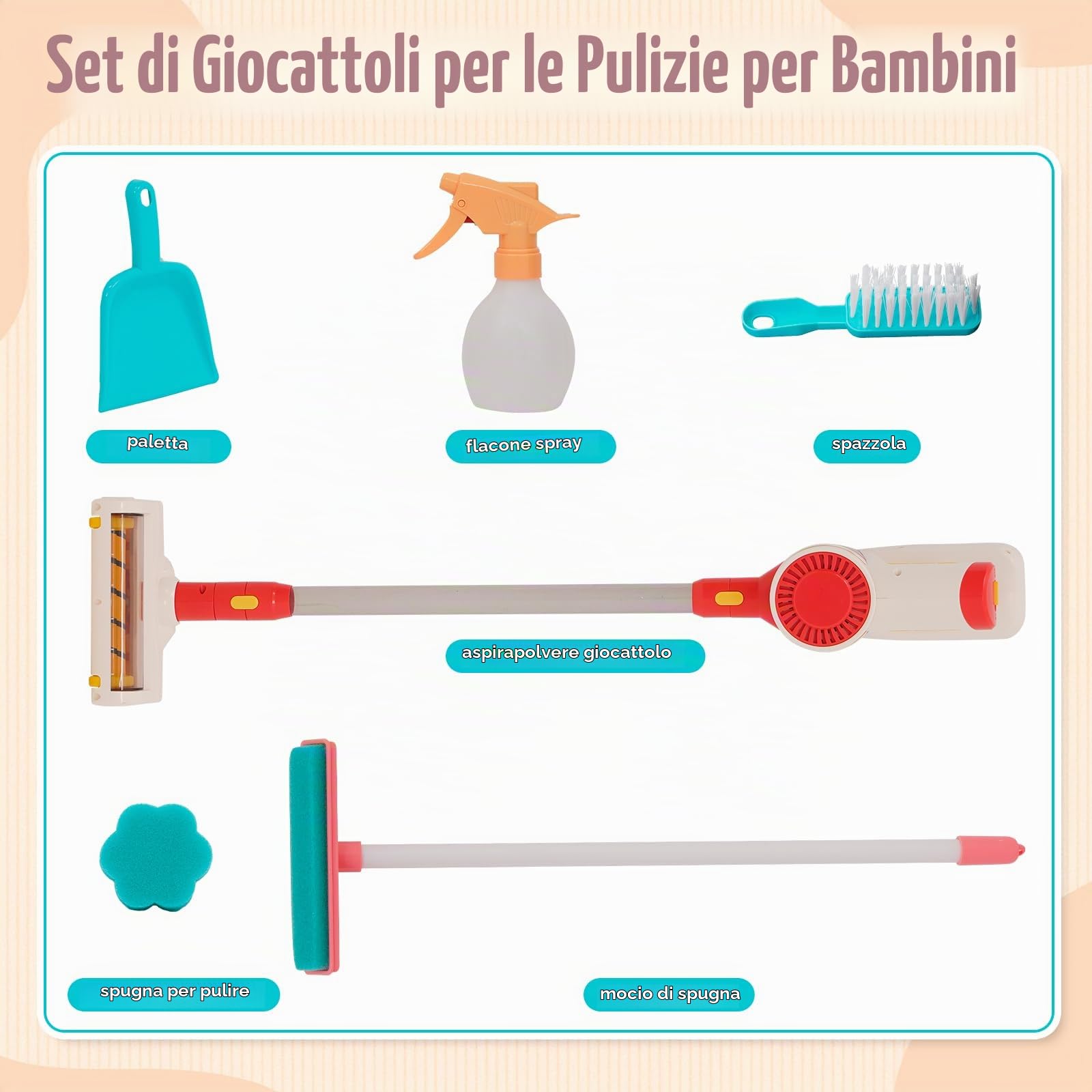 Giocattolo aspirapolvere per bambini, 3 in 1 set di giocattoli di pulizia per bambini ad aspirazione realistica con suono, gioco di ruolo per finta per la casa, strumenti di pulizia