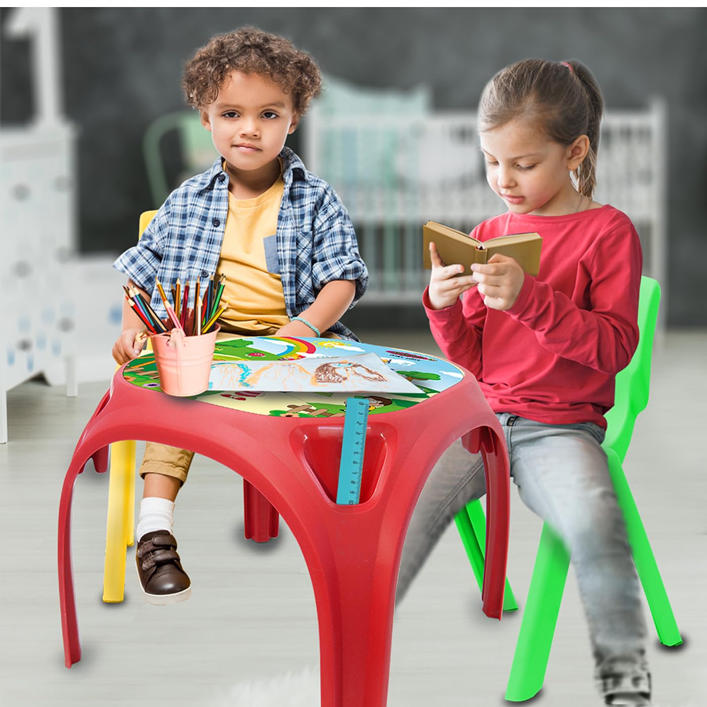 JAMARA 460751 Kindertisch Zahlenspass XL-aus robustem Kunststoff, Indoor-Outdoor geeignet, Aufdruck auf der Tischplatte, abgerundete Kanten, rutschfeste Gummifüße, rot