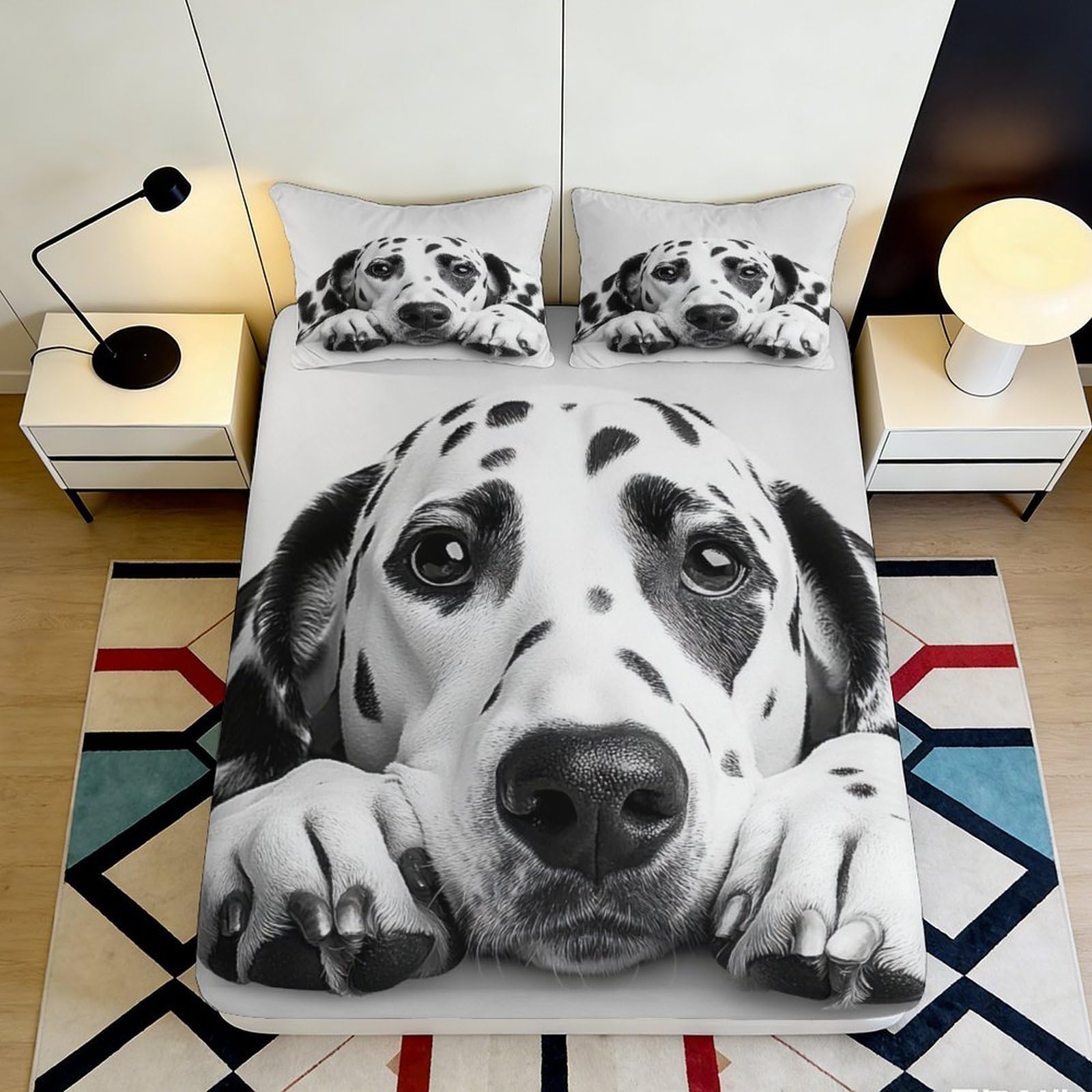 3D Printed Dalmatian Dog Fitted Sheet Microfiber Non-Slip Animal Pattern Mattress Cover for Bedroom Guestroom Easy Care Decor 90x200x25cm