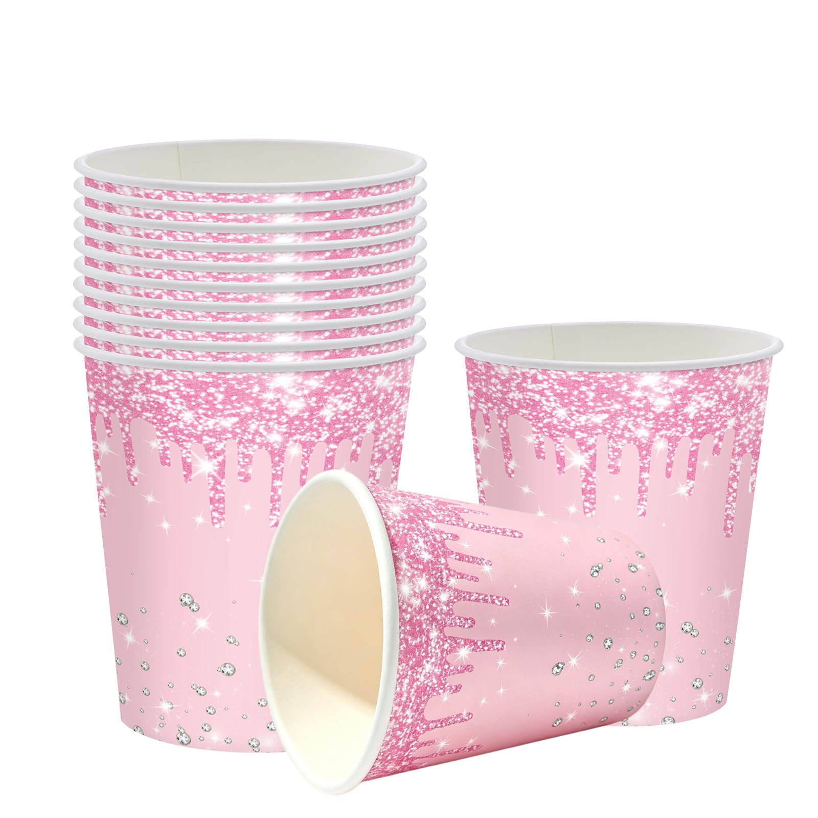 40P Pink Disposable Paper Cups,9 Oz Sparkling Pink Party Cup Birthday
