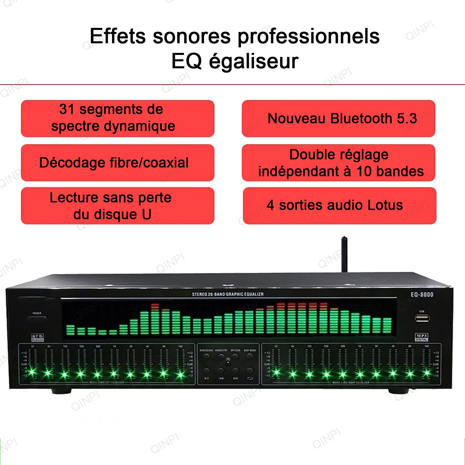 Profesjonalny korektor 31-pasmowy, z pilotem zdalnego sterowania, korektor cyfrowy z redukcją szumów, Bluetooth 5.3, do spotkań rodzinnych barów, tunera basowego w szkole średniej, 12 wzorów uderzeń
