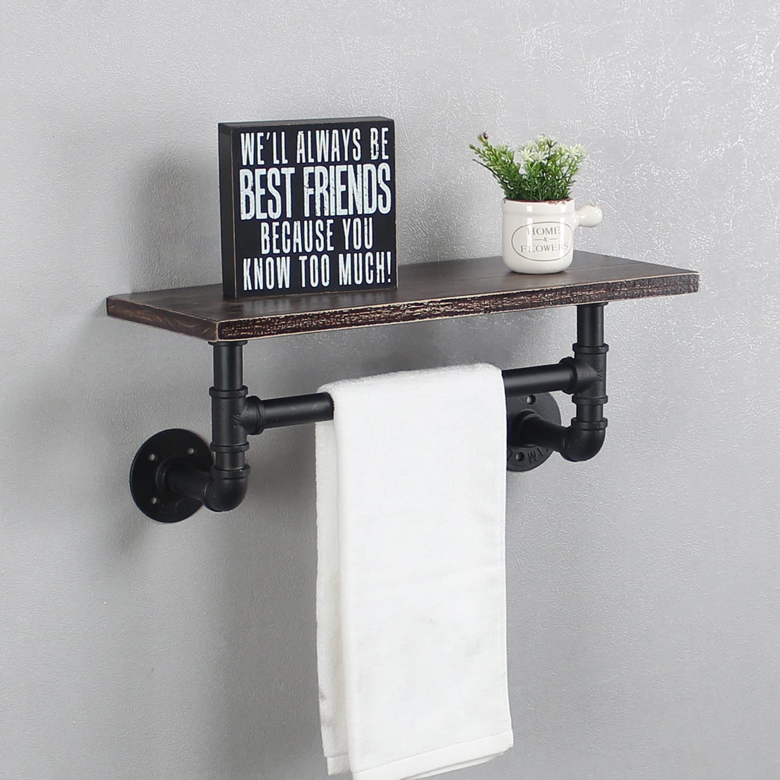 Industrial Pipe Shelf Bathroom Shelves Wall Mounted,19.6in Rustic Wood Shelf with Towel Bar,1 Tier Farmhouse Towel Rack Over Toilet,Pipe Shelving
