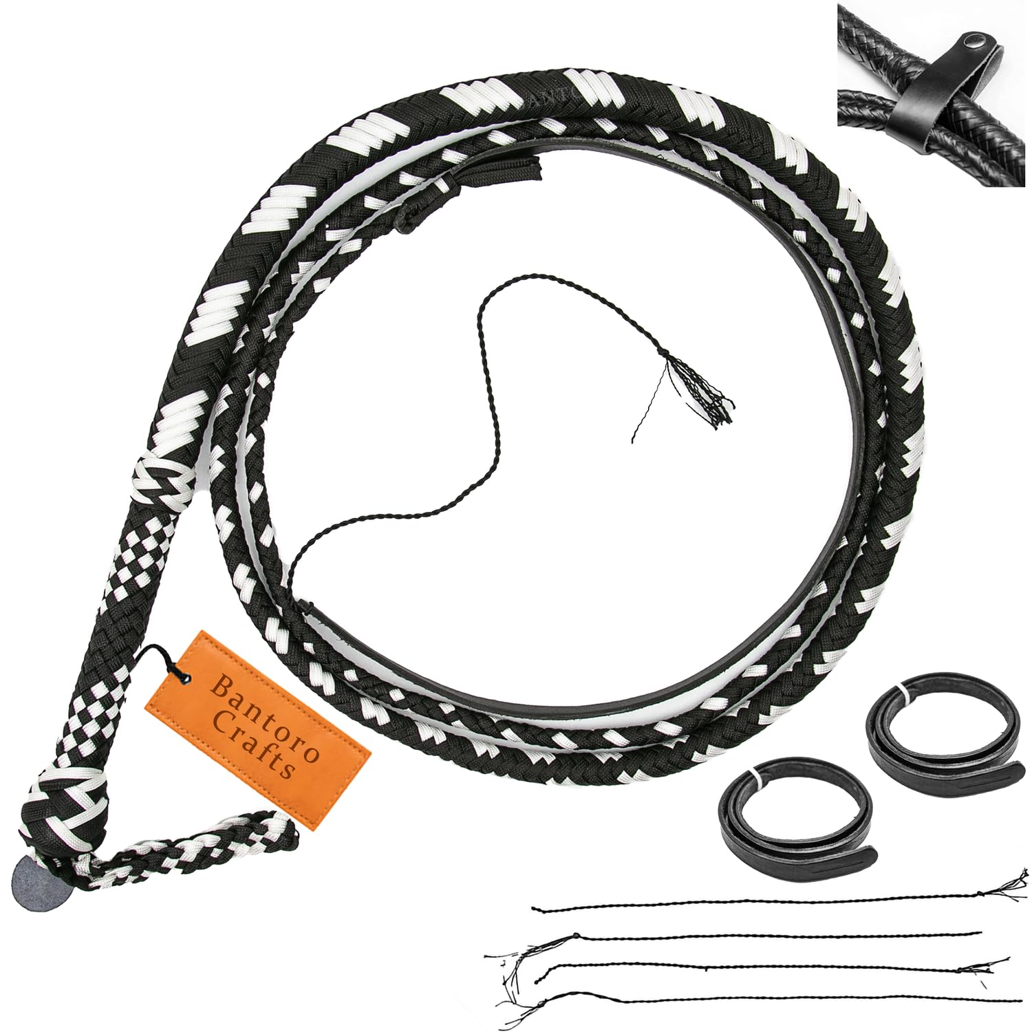 Bantoro Crafts 16 Plait Paracord/Nylon Performance Bullwhip with Reinforced Core Handle Multiple Sizes (Black & White, 4 feet (1.21 meter))