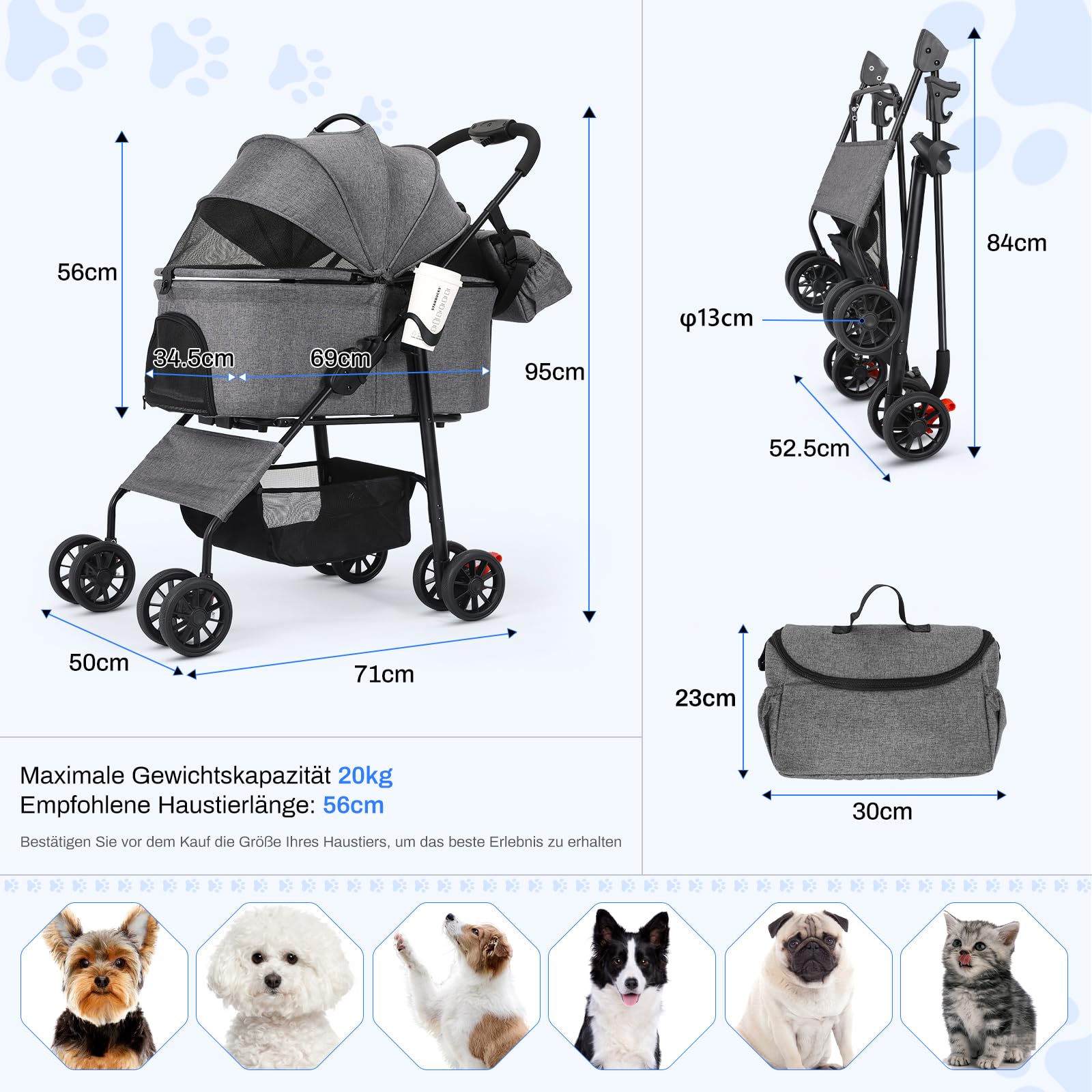 MAMIZO Passeggino per cani 3 in 1, fino a 30 kg, 4 paia di ruote doppie a 360°, con una borsa a tracolla, pieghevole per cani di piccola taglia e media, nido per animali domestici, tessuto di lino