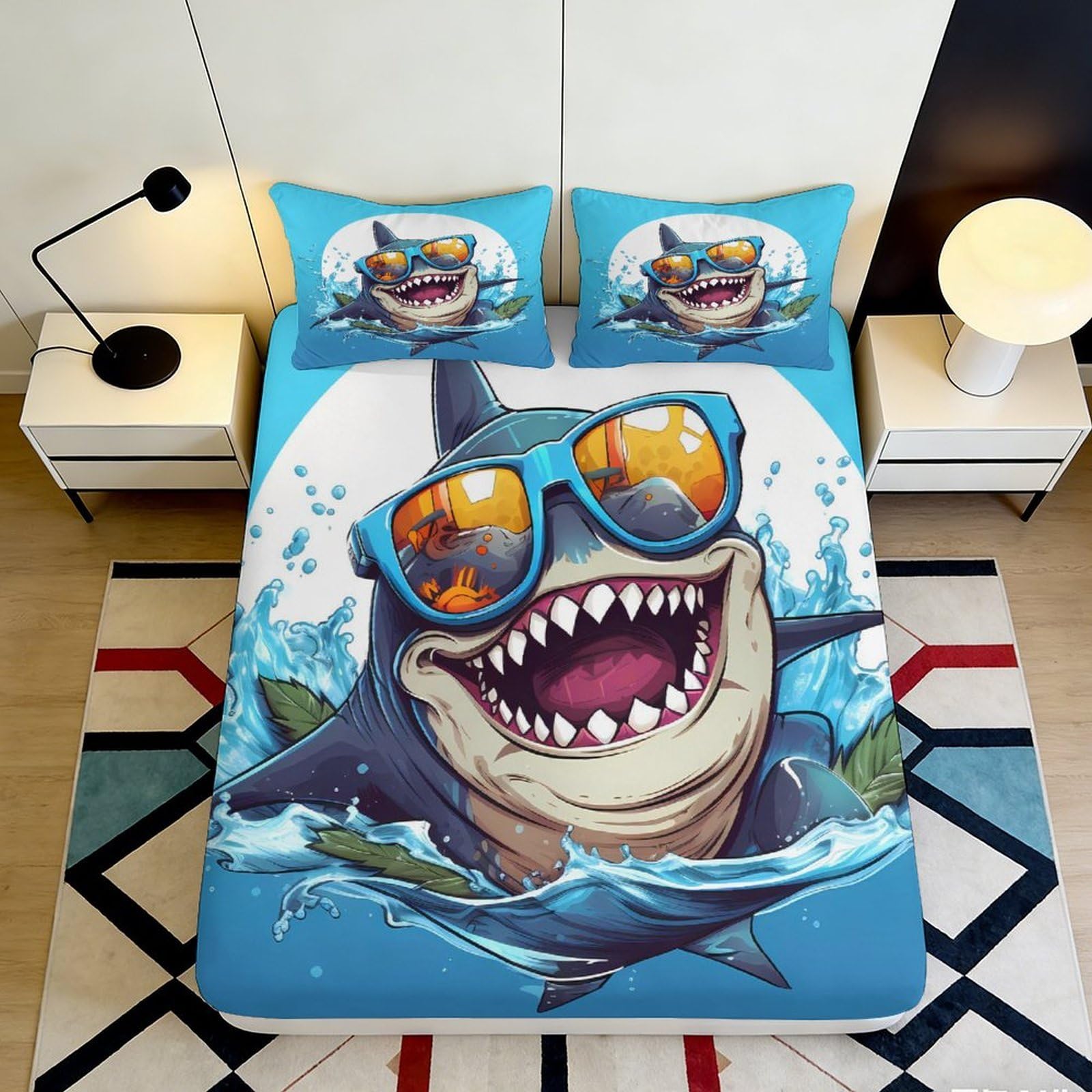 3D Printed Shark with Sunglasses Fitted Sheet Microfiber Blue Cartoon Ocean Mattress Cover for Bedroom Home Decor 90x200x25cm