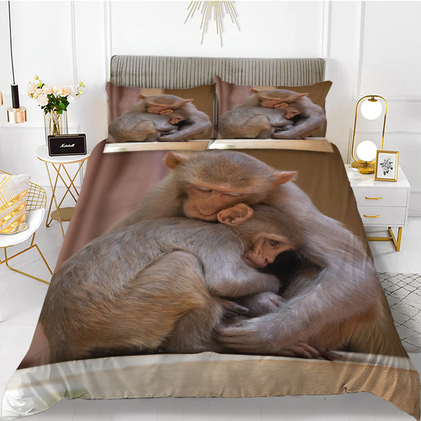 Housse de couette 90x190 singe brun en microfibre 110g avec taie d'oreiller pour lit enfant