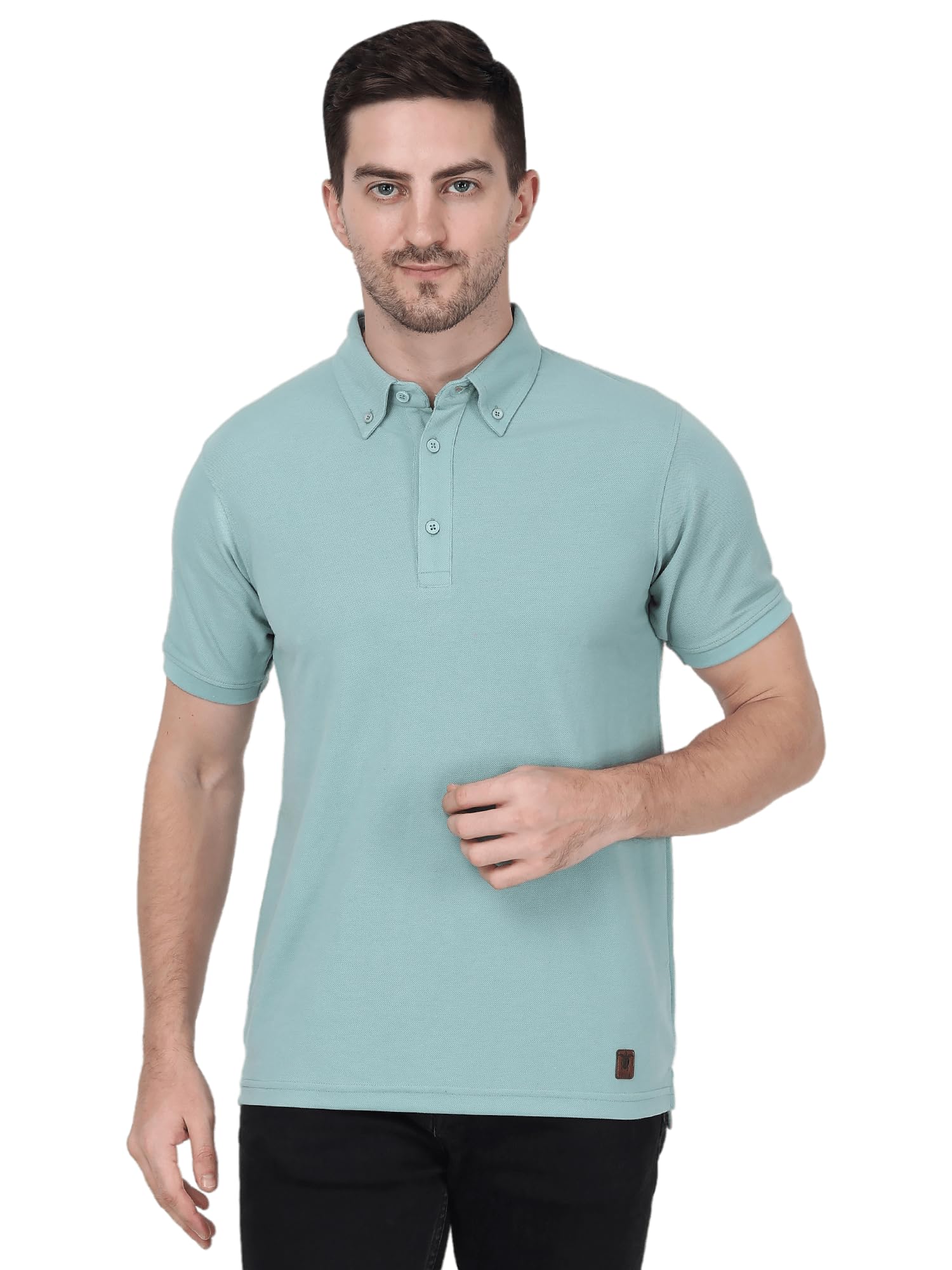 T-StoreMen's Sea Green with Button Down Collar Solid Cotton Polo T-Shirt | Formal t-Shirt | Office Polo T-Shirt | Collar Polo Tshirt