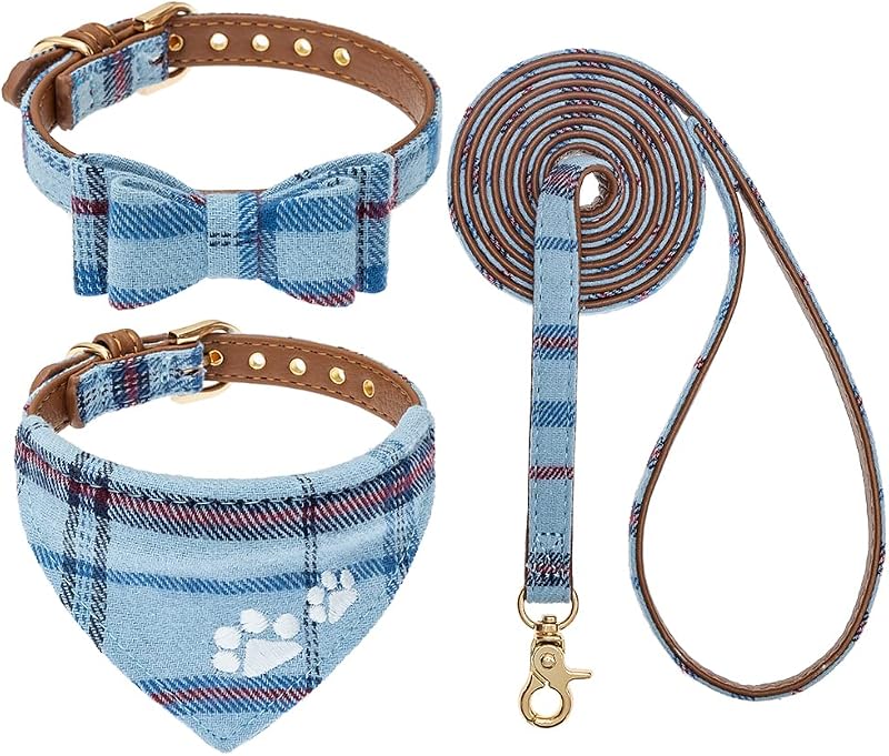Coleira para Cães e Gatos com Guia, Estampa Xadrez, Laço e Bandana EXPAWLORER Azul M