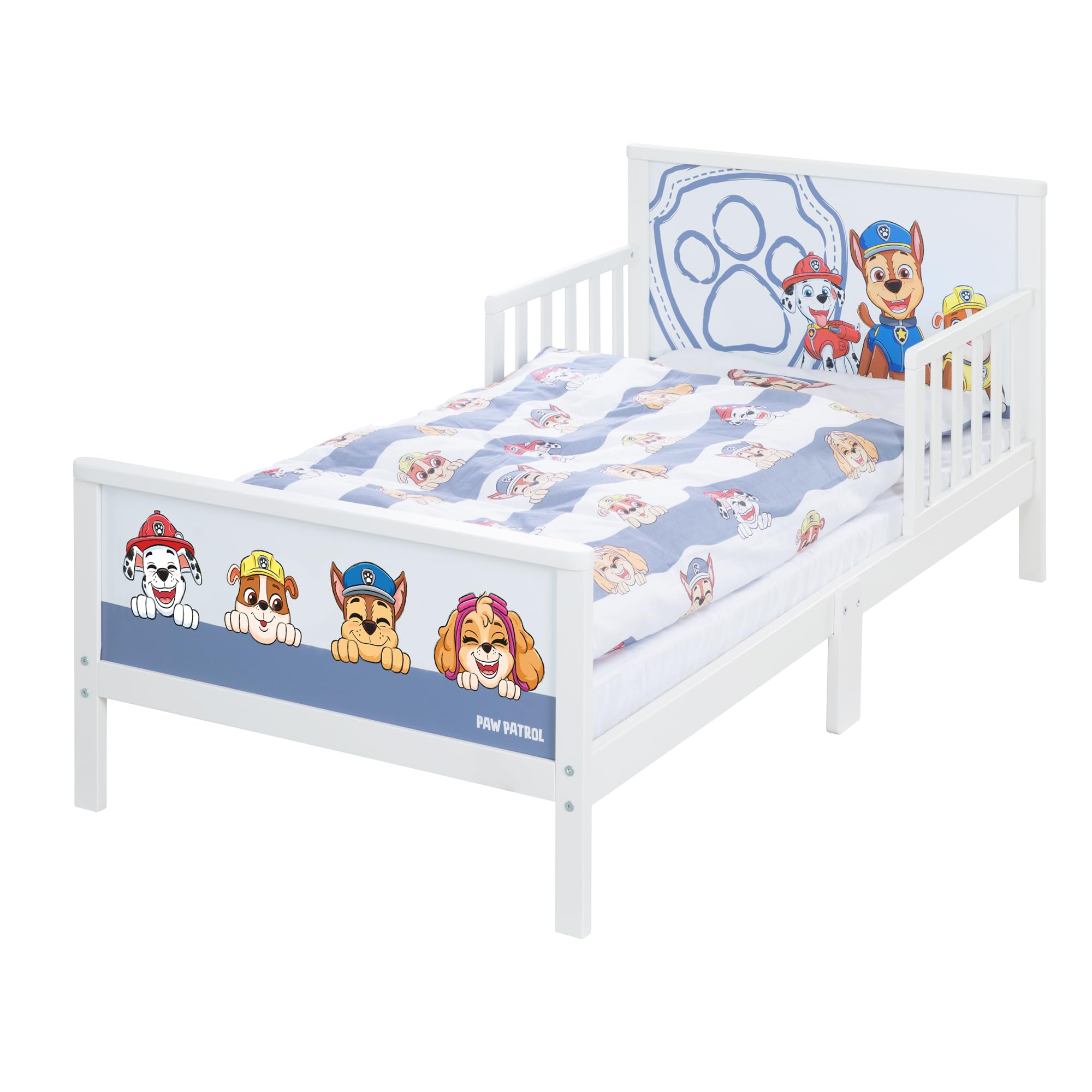 roba Paw Patrol Cama Infantil Montessori 70 x 140 cm para Niños + Somier y Ropa de Cama - Utilizable hasta 7 Años - Blanco/Diseño de Perros Chase, Marshall, Rubble, Skye