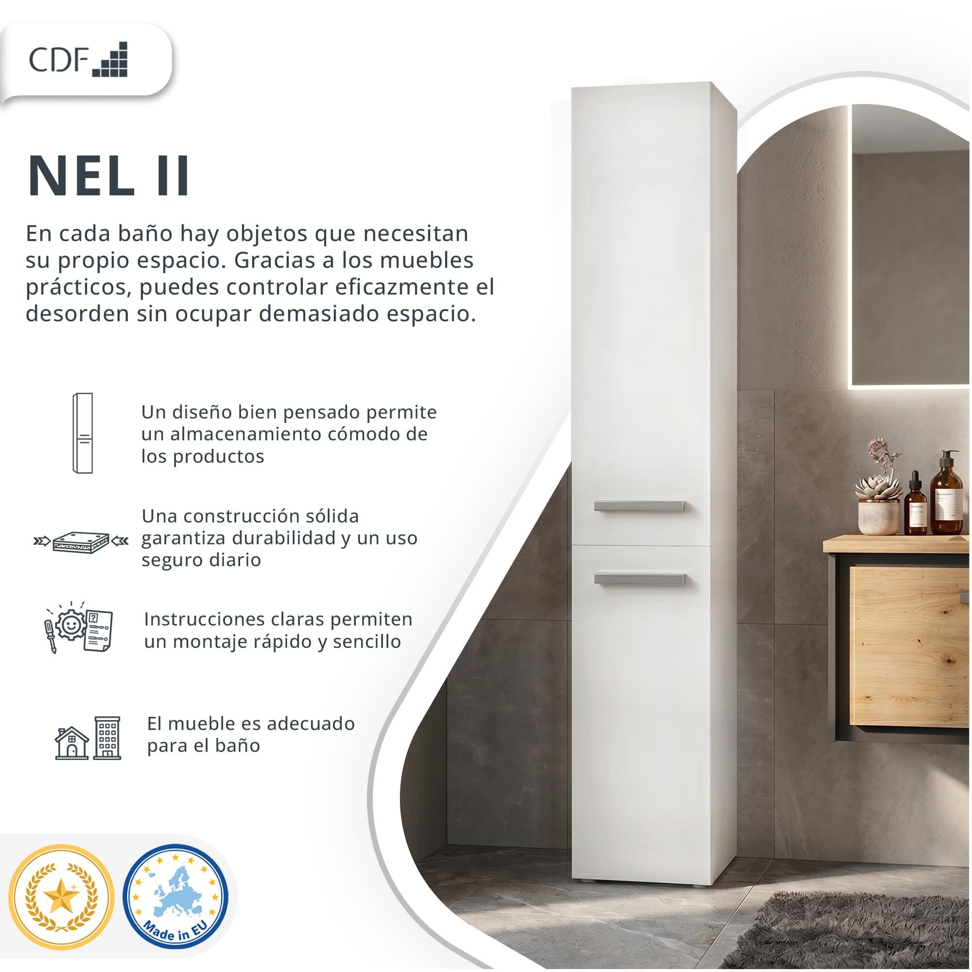 CDF Mueble de Baño y Lavandería, Columna de Baño Estrecho, Armario Alto sin Cesto para la Ropa, Armario Que Ahorra Espacio Salón, Pasillo, Aseo Blanco, Ancho 31 cm, 30x31x174 cm