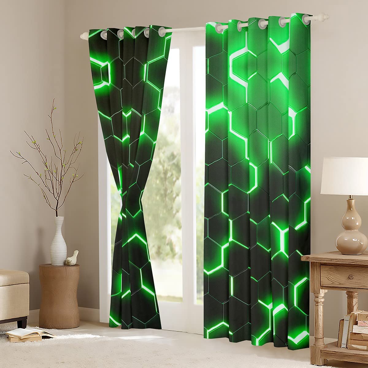 3D Honeycomb Curtains for Bedroom Hexagon Window Treatment Glitter Window Drapes Dark Green Window Draperies for Kids Boys Girls Adults W66*L90 - Image 3