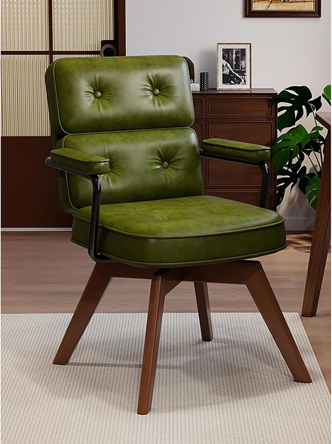 Swivel Desk Chair, Faux Leather Home Office Chair with Solid Wood Legs, Upholstered Computer Chair Mid Century Modern Armchair for Study, Bedroom, Living Room, Green