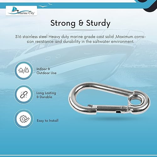 Miniatura 4 de MARINE CITY Mosquetón de acero inoxidable de grado 316 con anillo de 3-18 pulgadas para escalada, pesca, senderismo, barco, vela, campamento