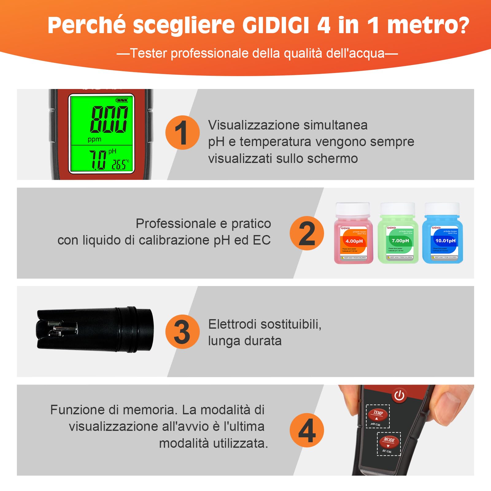 Misuratore di pH digitale per acqua, tester pH 4 in 1 per idroponica, tester TDS EC PPM per nutrienti vegetali, misuratore di conducibilità pH a penna per acqua potabile,DWC,piante da interno
