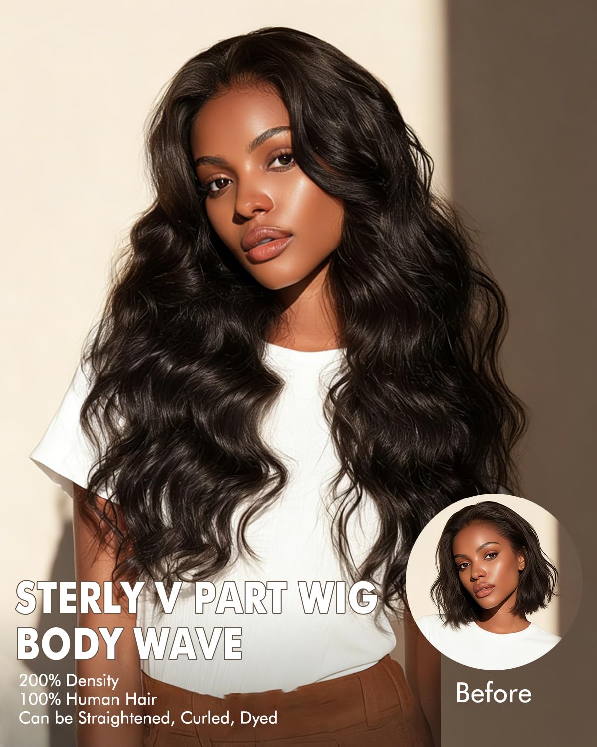 sterly V Part Wigs Human Hair 200% Density Body Wave Upgrade U Part Human Hair Wigs with Drawstring No Leave Out No Sew Glueless Clip In Half Wig Human Hair (Natural Black, 26 Inch)