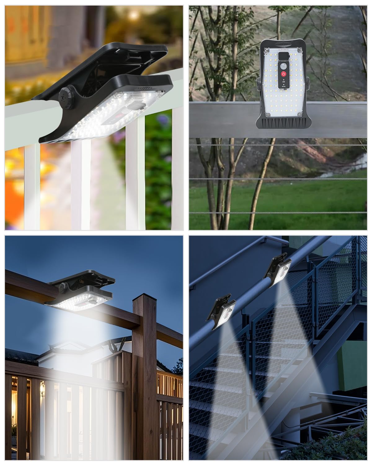 2 lámparas solares para exterior, 2 piezas de lámparas solares con clip con sensor de movimiento, 70 LED, 3 temperaturas de color, USB y control remoto, lámpara solar impermeable para valla