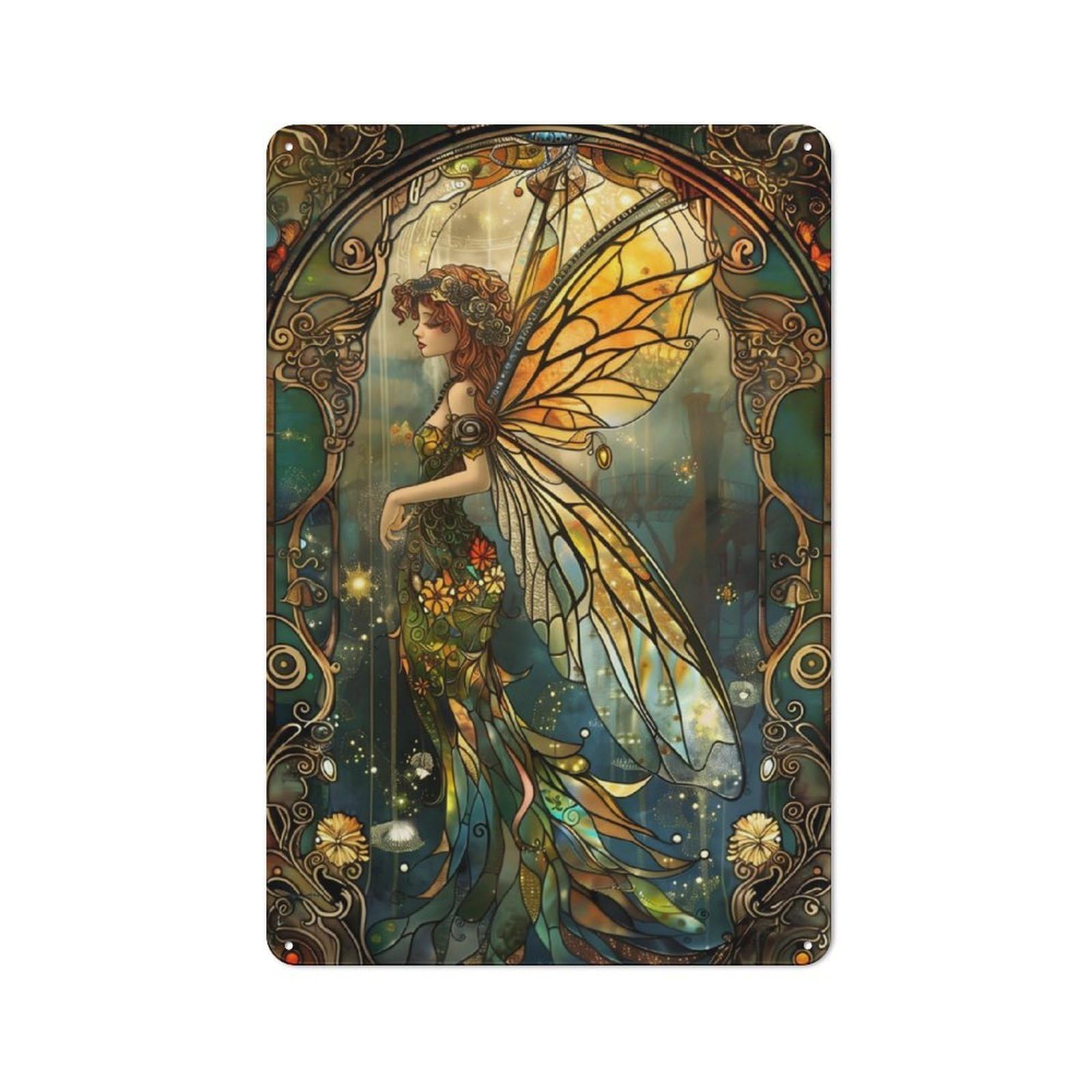 Junmoney Fairy Stained Glass 30X20cm Retro Tin Wall Plaque With For Pub Or Café, A Winter Wall Decor Update For Café Interior Fans