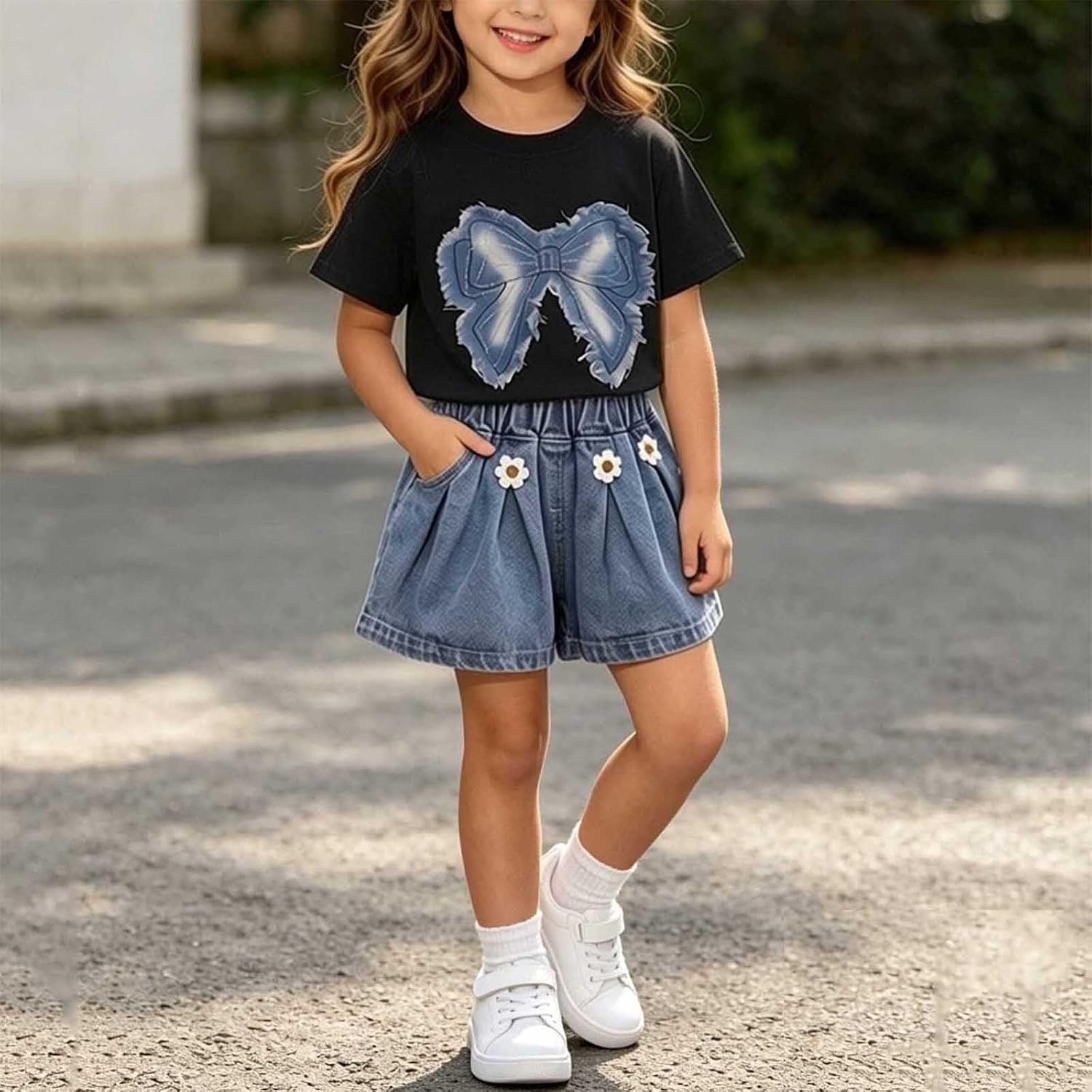 Girls Denim Two Piece Outfit Short Sleeve Bow Graphic Tee Wide Leg Ruched Cowgirls Shorts with 3D Floral Clothing Set