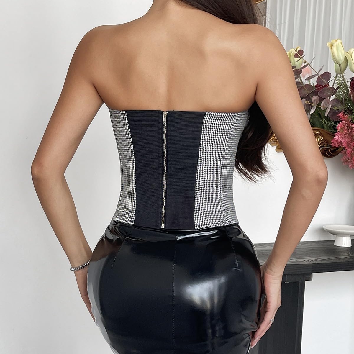 Women's Strapless Corset Tops Houndstooth Print Sleeveless Button Front Going Out Bustier Sexy Elegant Crop Tube Tops - Image 6