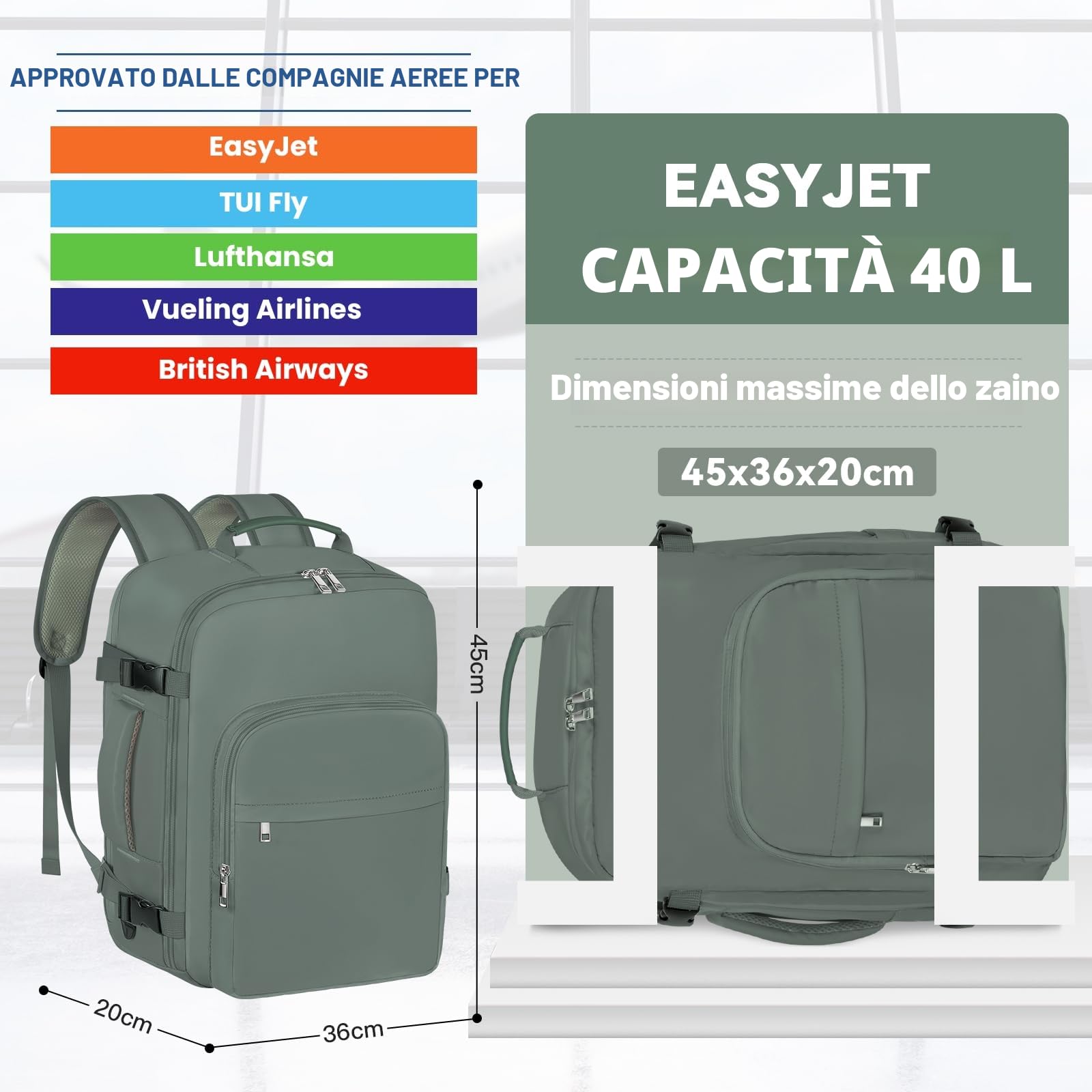 OTAHGK Bagaglio a mano 45 × 36 × 20 per Easyjet, Zaino da Viaggio Sotto il Sedile Aereo Borsa da Cabina Voli Zaini Casual Valigia Ufficio scolastico lavoro Borse Adatto a Laptop da 17 pollici