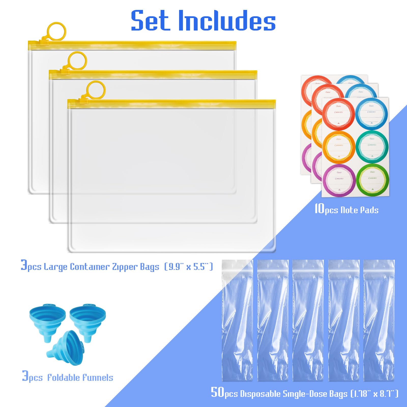 WALLFID Protein Powder Travel Storage Set including Funnels, 50pcs Disposable Single Dose Kit, 3pcs Zip Up Bags - Image 2