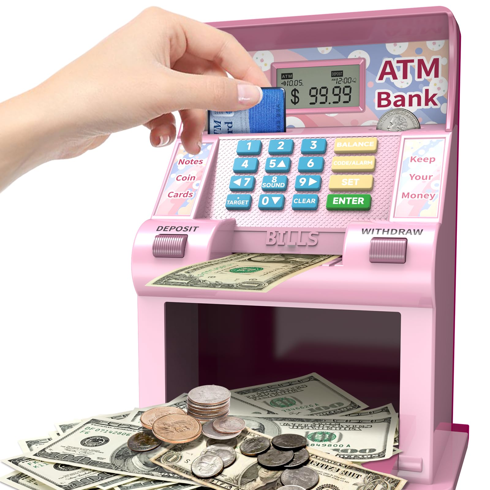 ATM Piggy Bank for Kids, Kids Bank for Real Money with Debit Card, Coin Recognition, Target Setting, Bill Feeder, Balance Calculator, Savings Machine