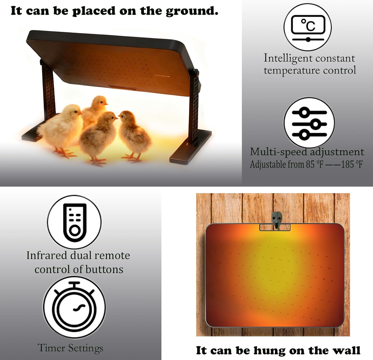 Chicken coop Heater,with Adjustable Temperature Remote Control and Timer,Adjustable Height and Angle Chicken Heater,86-185 Control Temp+12 Hour Timer,Ideal for Chicken Coops Poultry Heating,16"x12"