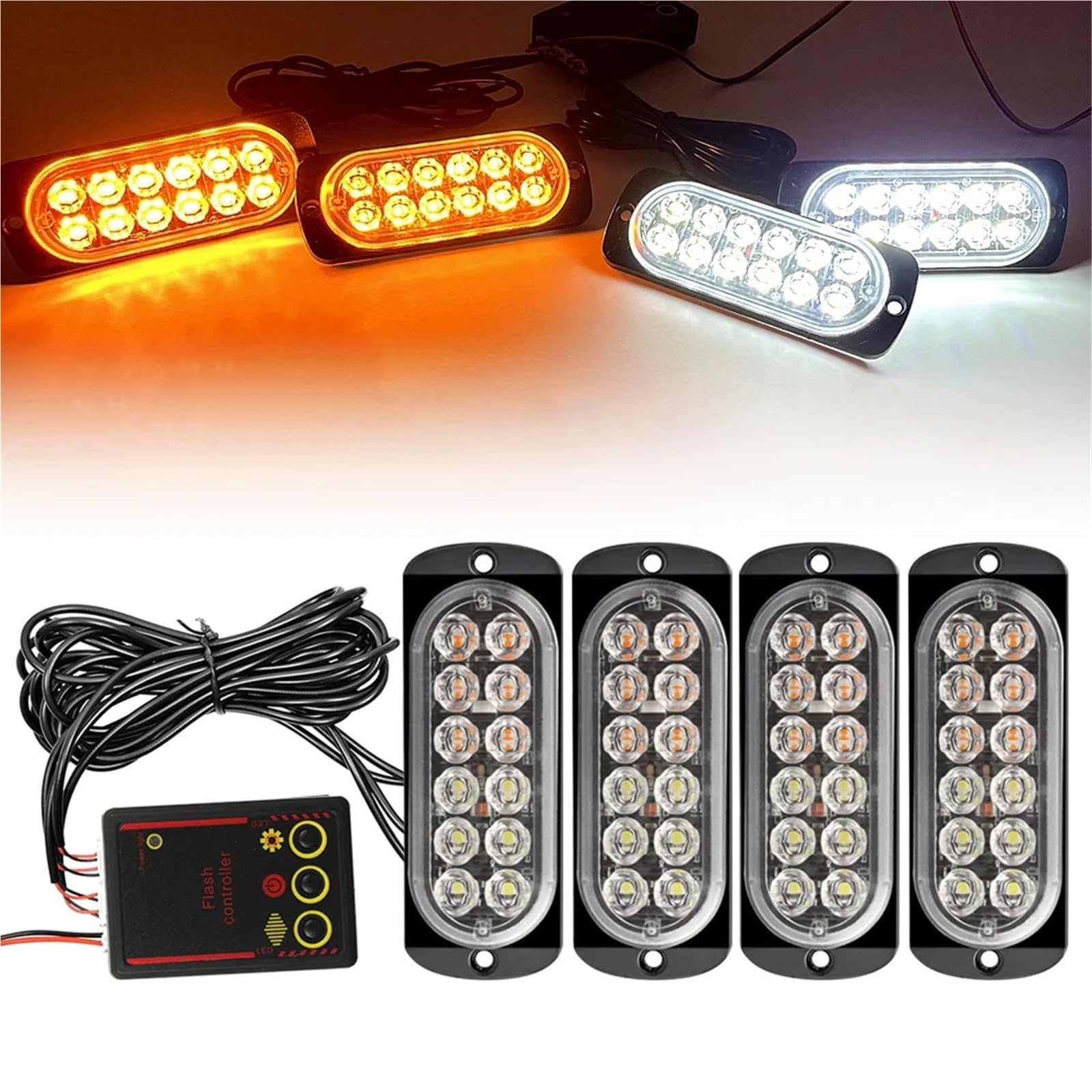 Luces de emergencia for coche con 48 LED, luz estroboscópica ámbar de advertencia intermitente, luz de señalización de tráfico, 12/24 V, for camión/remolque.(Yellow White)
