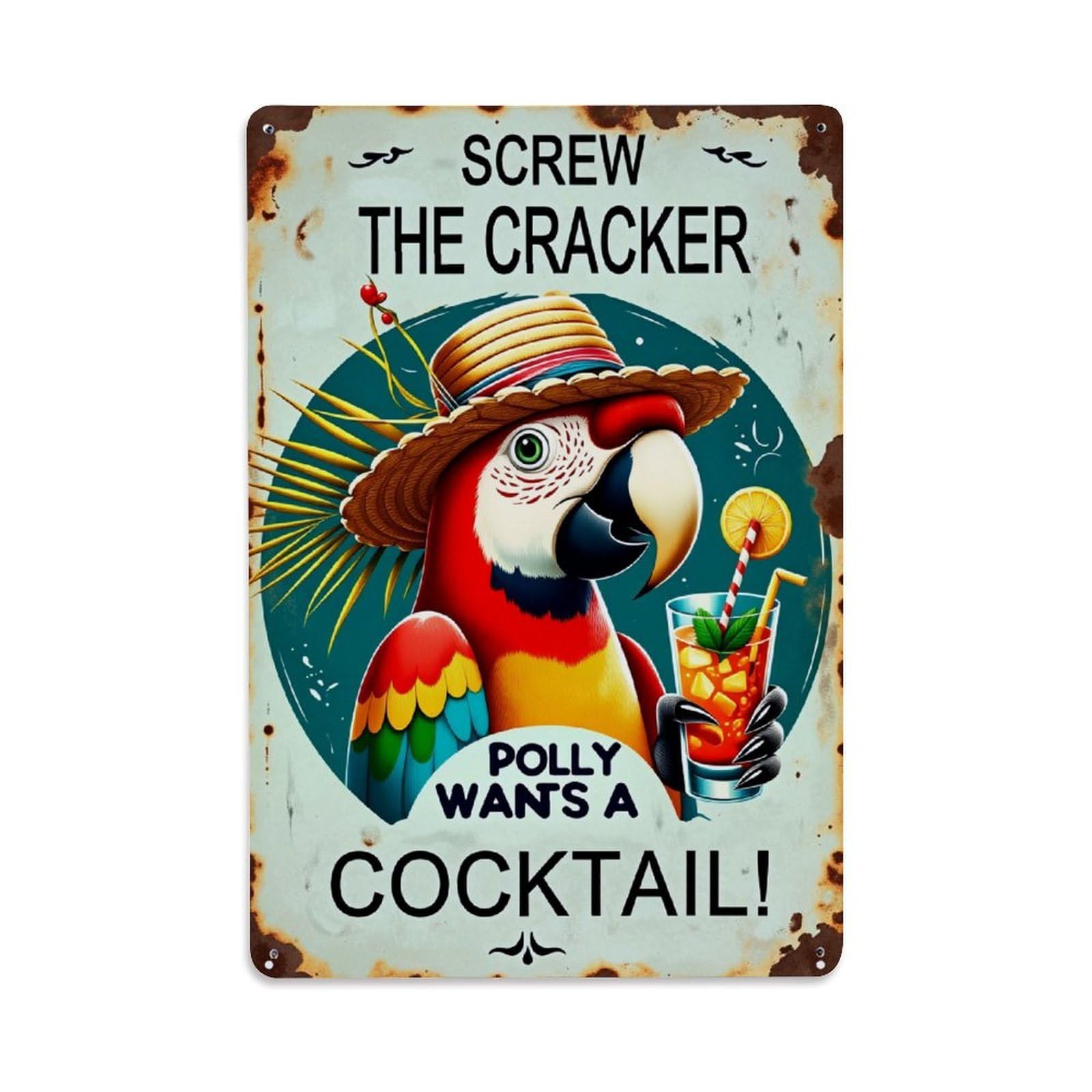 Enderetf Vintage Parrot With Cocktail Hat And Drink Tin Sign Metal Poster, Home Bar Garage Man Cave Cafe Indoor & Outdoor Wall Decoration 8X12inches