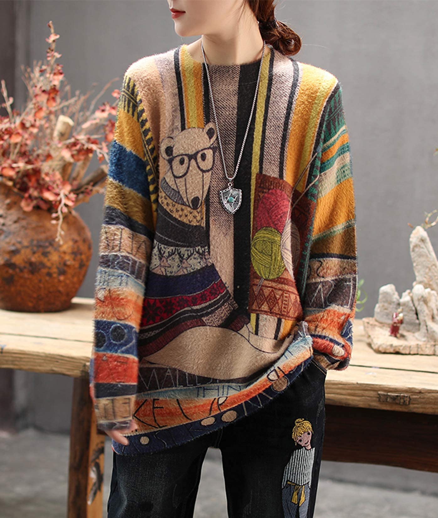 Janein Damen Pullover Oversize Lang Strickpullover Herbst Winter Rundhals Sweater mit Blumenmuster Weihnachtspullover JS01DE | Übergröße Weihnachts-Pullover, locker geschnitten, angenehmer Stoff, pillfest, warm für Winter, Familientreffen & Alltag