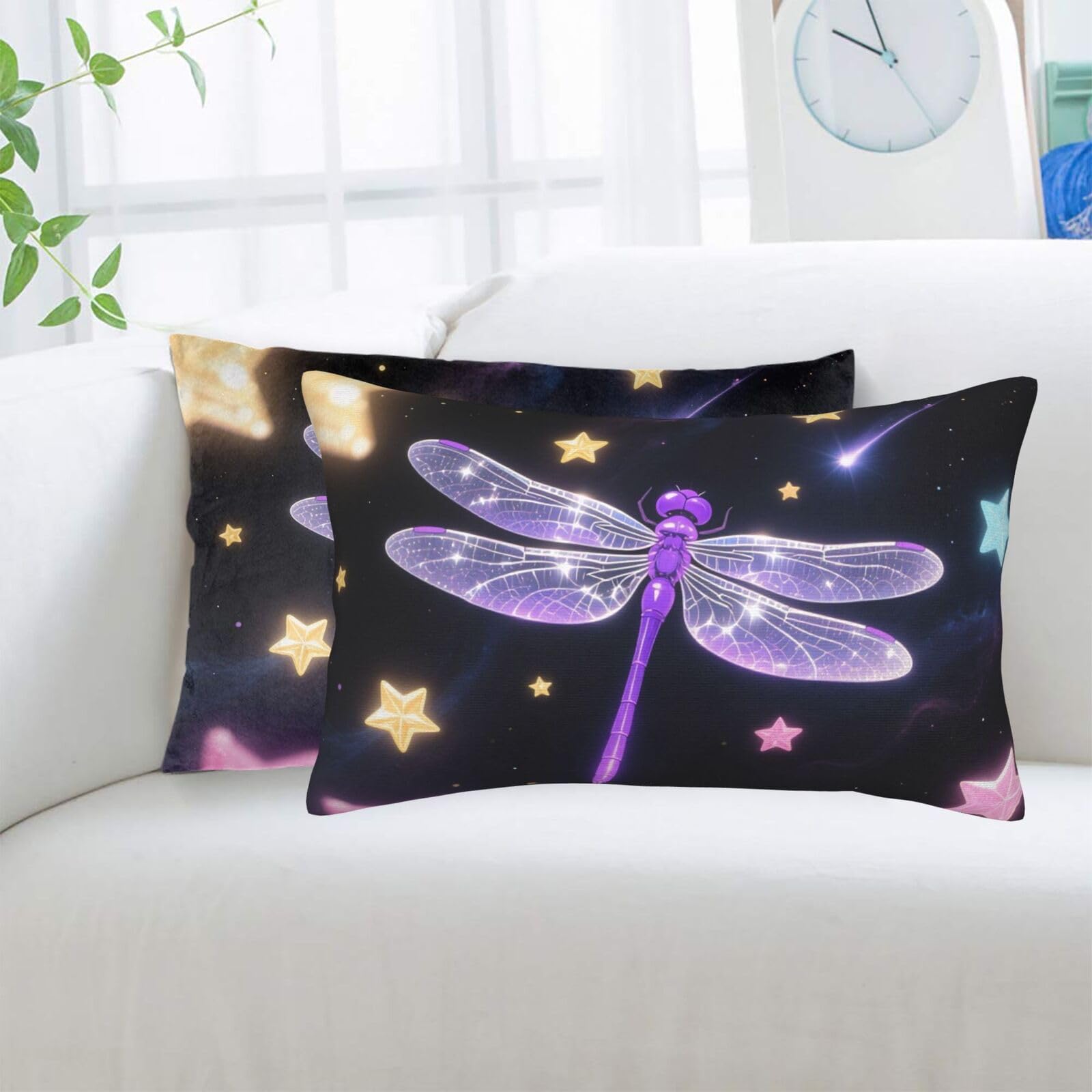 2 Pack Standard Pillowcases Sets, Ultra Soft Comfort Microfiber Plush Pillow Cases Purple Dragonfly Shiny Stars Decorative Throw Pillow Cover with Hidden Zipper for Bedroom, Sofa, Couch,14"X20"