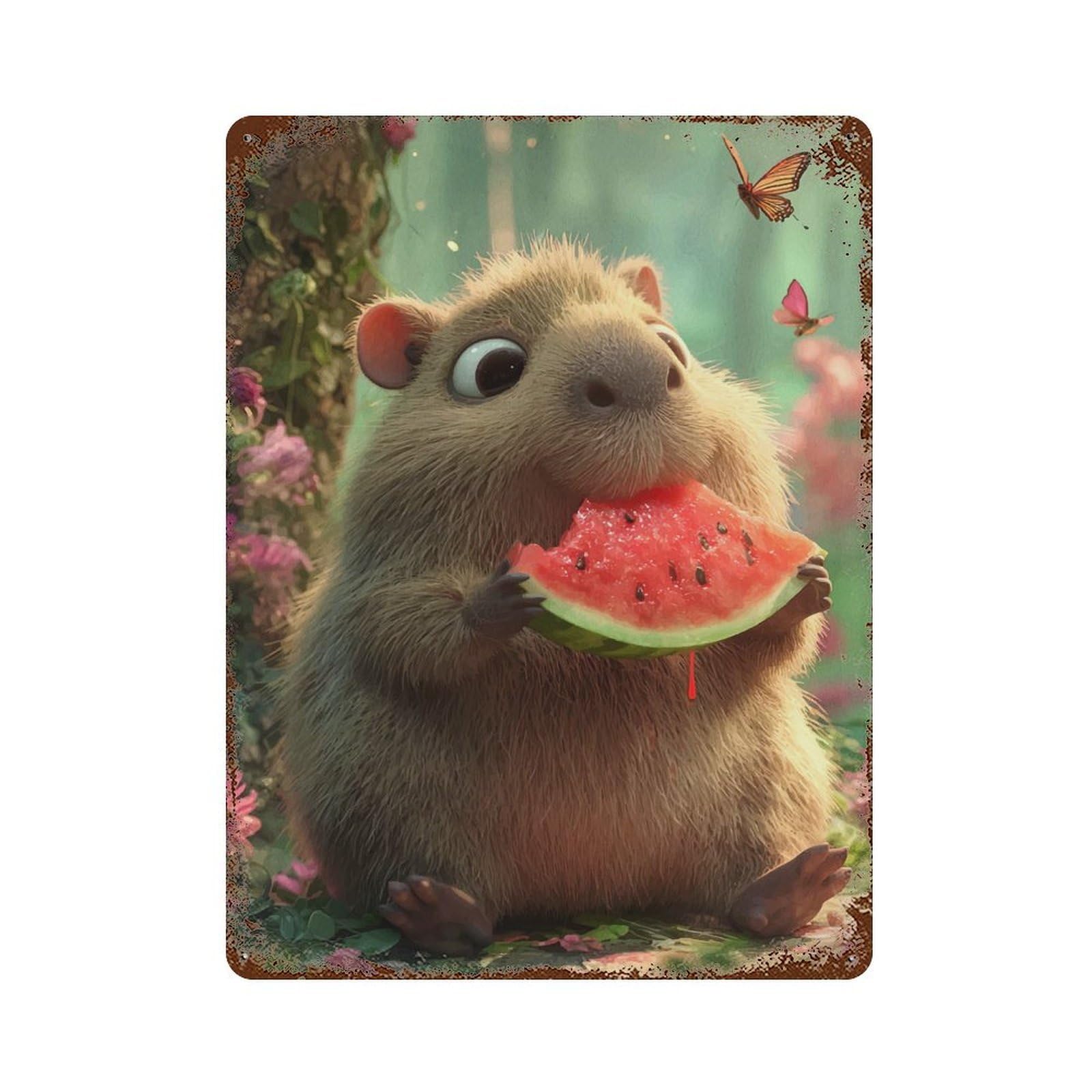 Vintage Rust Metal Sign with Capybara Eating Watermelon in A Forest Design 15.7"x11.8", for Garage, Bar And Workshop Decor, Retro Wall Decor
