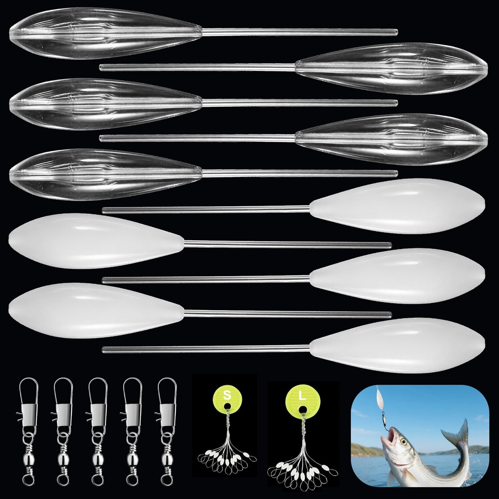 25 Pièces Flotteurs de Pêche à la Truite, Bombarde Transparent Longues avec 5 Émerillons Triples et 10 Stoppeurs de Ligne en Deux Tailles, 6-20 g Flottants et Coulants, Accessoires de Pêche