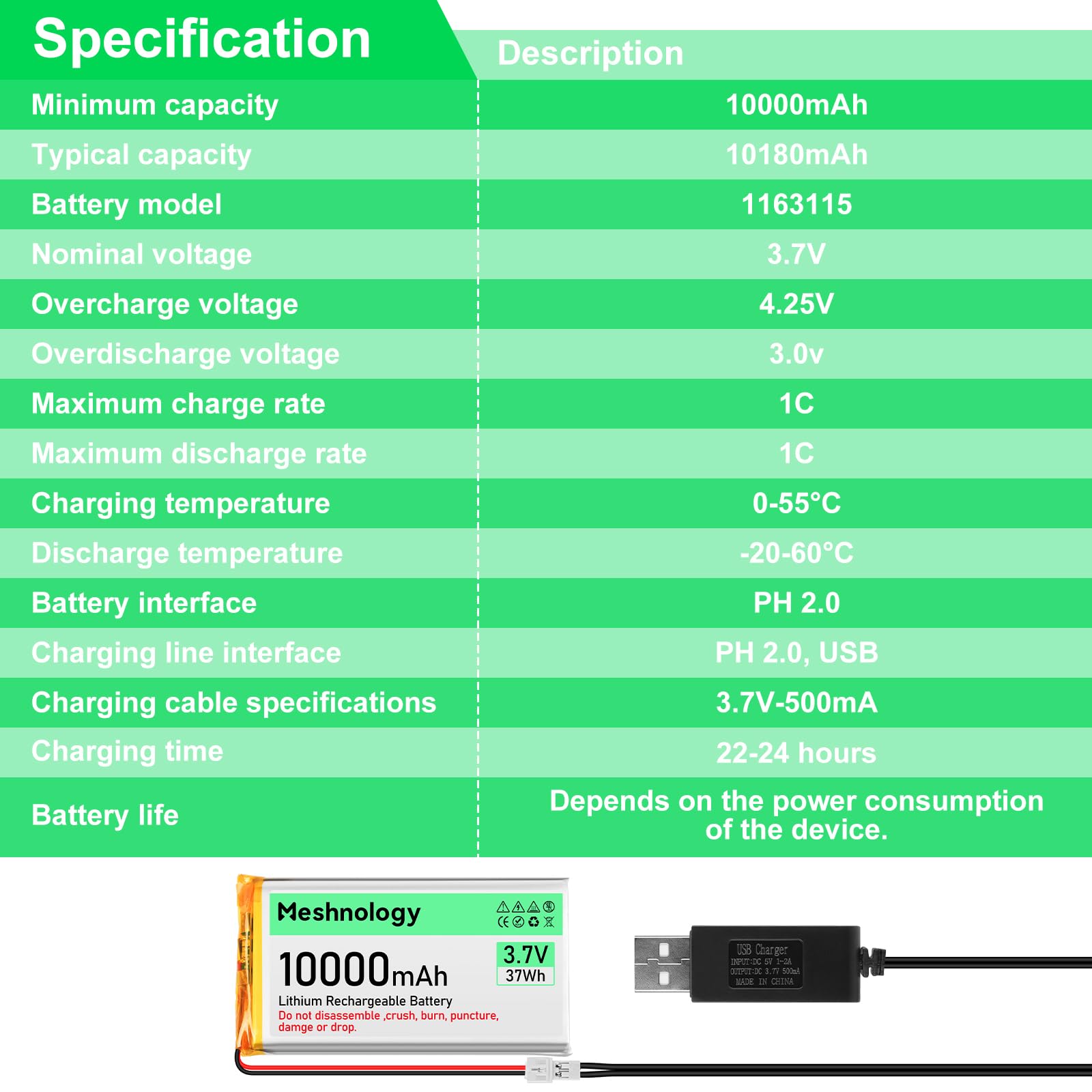 2 pz 3.7 V 10000 mAh Li Batteria con Cavo di Ricarica USB 1163115 1S Batteria LiPo con Bordo di Protezione Isolato Nastro di Gomma e Micro PH2.0 Spina per Arduino ESP32 Scheda Modulo Drone