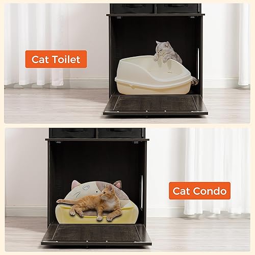 Miniatura 8 de DWANTON Caja de arena con 2 estantes de almacenamiento y 2 cajones, caja de arena oculta 2 en 1 para gatos con estante, entrada reversible, cajones