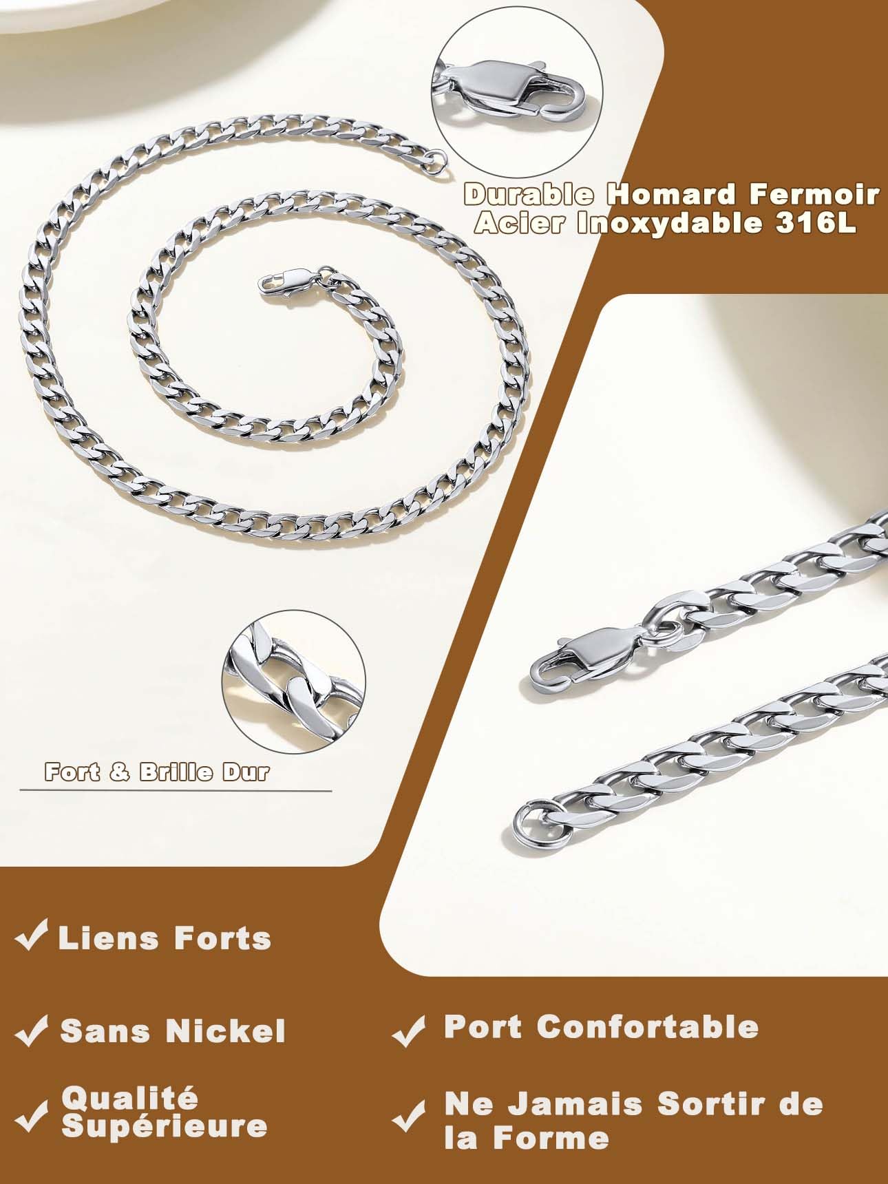 Suplight Chaîne Homme Acier Inoxydable Maille Cuabine-Largeur 4/6/9mm- Chaine Gourmette pour homme Taille 46/51/56/61/66/71/76cm