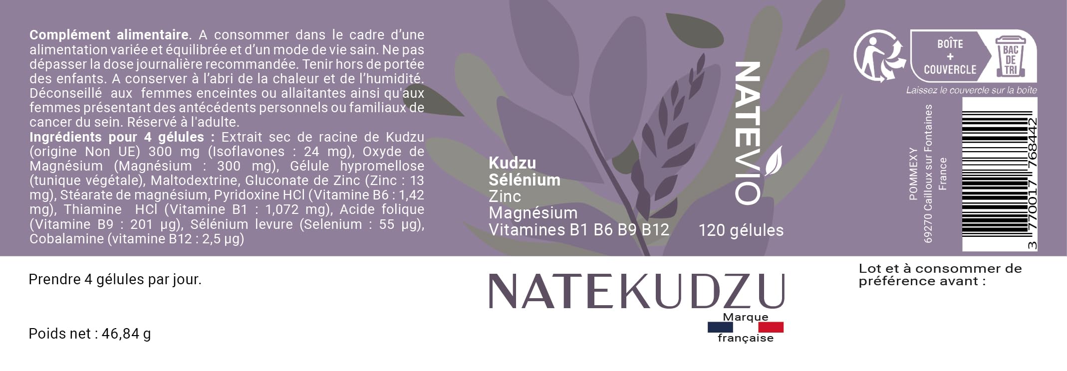 NATEKUDZU - 120 gélules - Complexe Renforcé 8 actifs (Kudzu - Zinc - Magnésium - Selenium - Vit B1 B6 B9 B12) Sevrage efficace - Complément alimentaire stress - Fabriqué en France