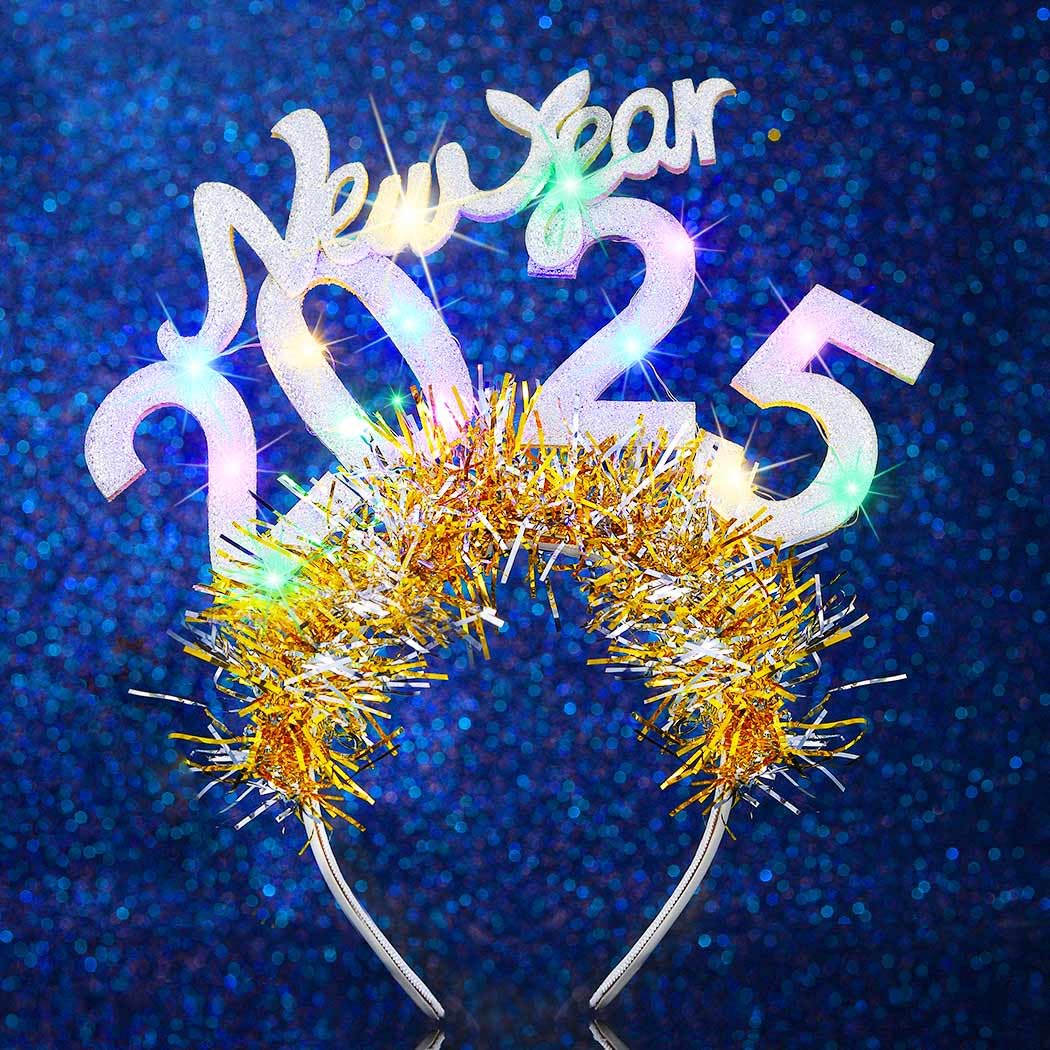 Handcess Light up New Year Headband Glitter LED Hair Band Glowing Costume Hair Hoop 2025 New Year's Eve Party Hair Accessories for Women(Silver