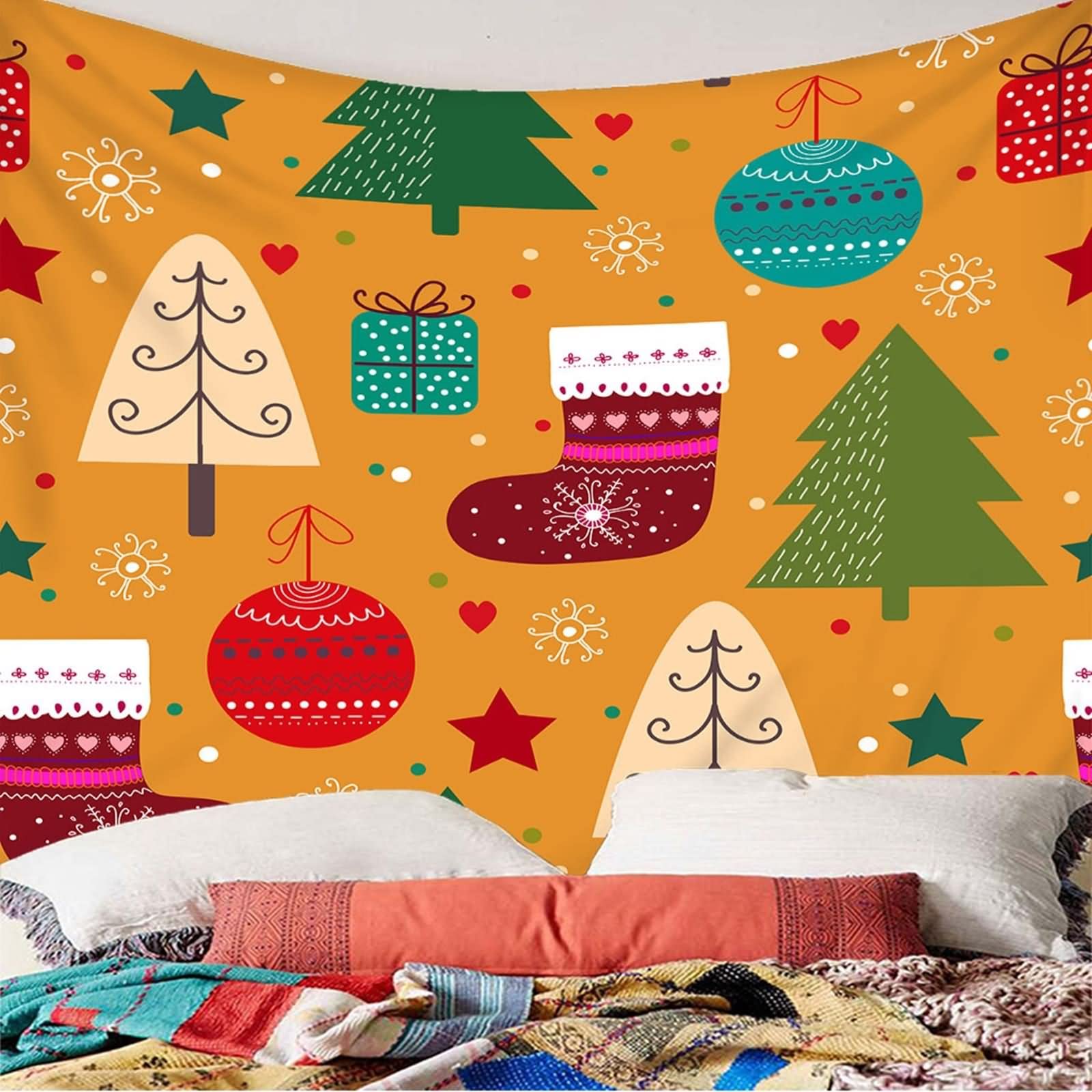 Aotiwe Arazzo da appendere alla parete, arazzo in tessuto, motivo elementi natalizi, in poliestere, multicolore, 210,8 x 139,7 cm