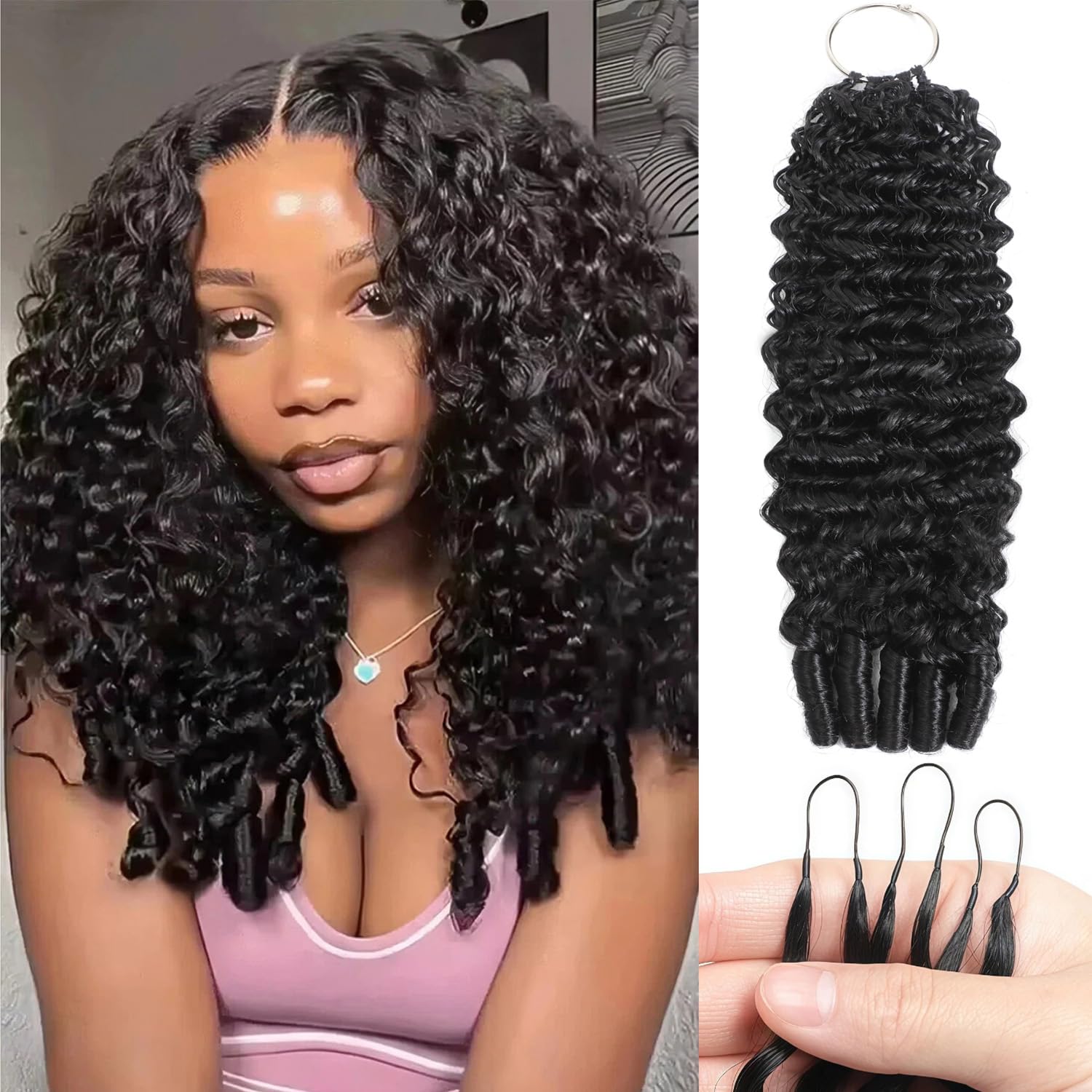 Feather Crochet Human Hair for Black Women, Burmese Curly Pre-Separated Human Crochet Hair Extensions 14 Inch 60g, Invisible Knotless Curly Reusable Lightweight Hair Bundles Natural Black