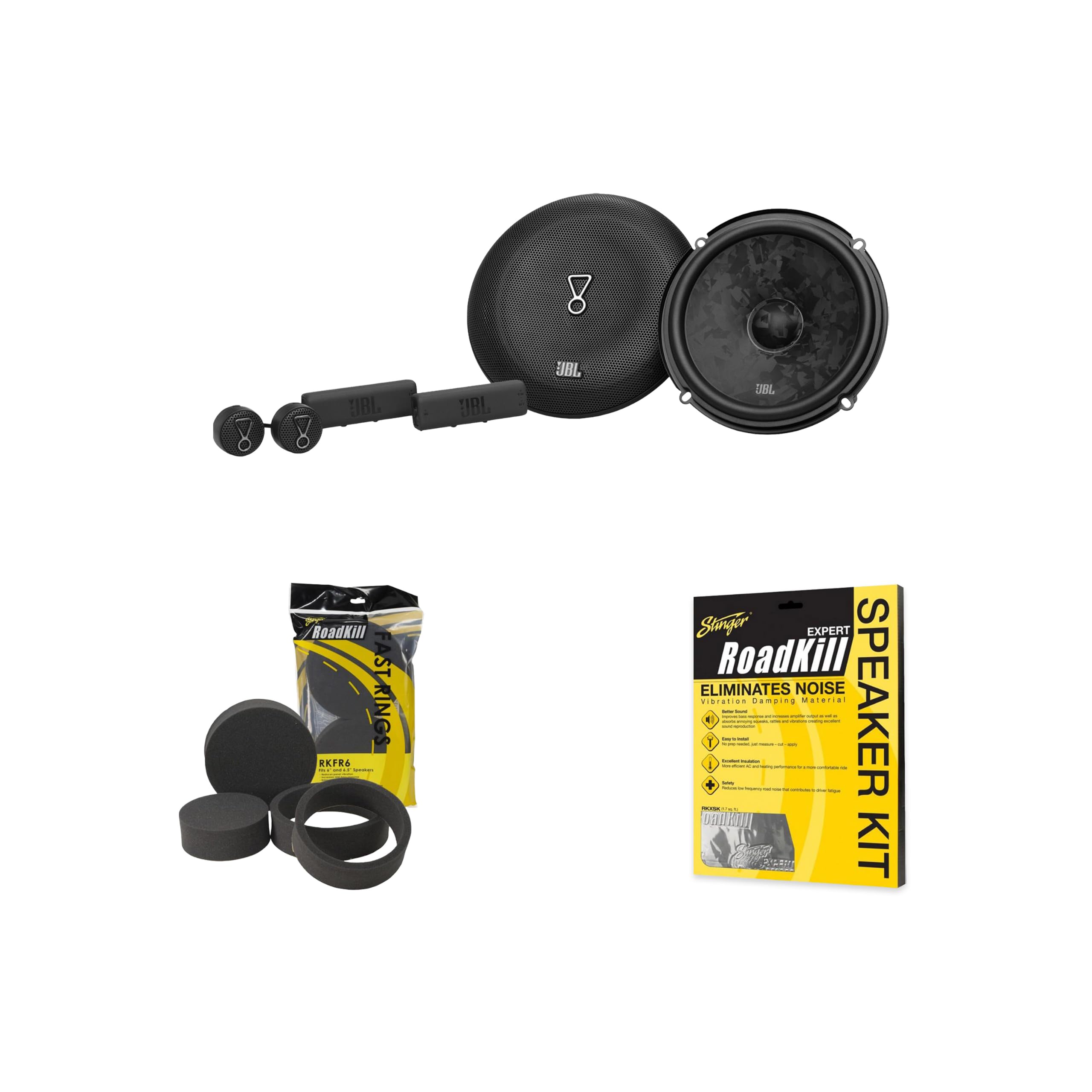 JBL STAGE368C 6.5” 2-Way Component Speaker with Grille with Stinger RKFR6 Roadkill Fast Rings 6" & 6.5" and RKXSK 2pcs. 10" x 12" Sheets Roadkill Expert Speaker Kit