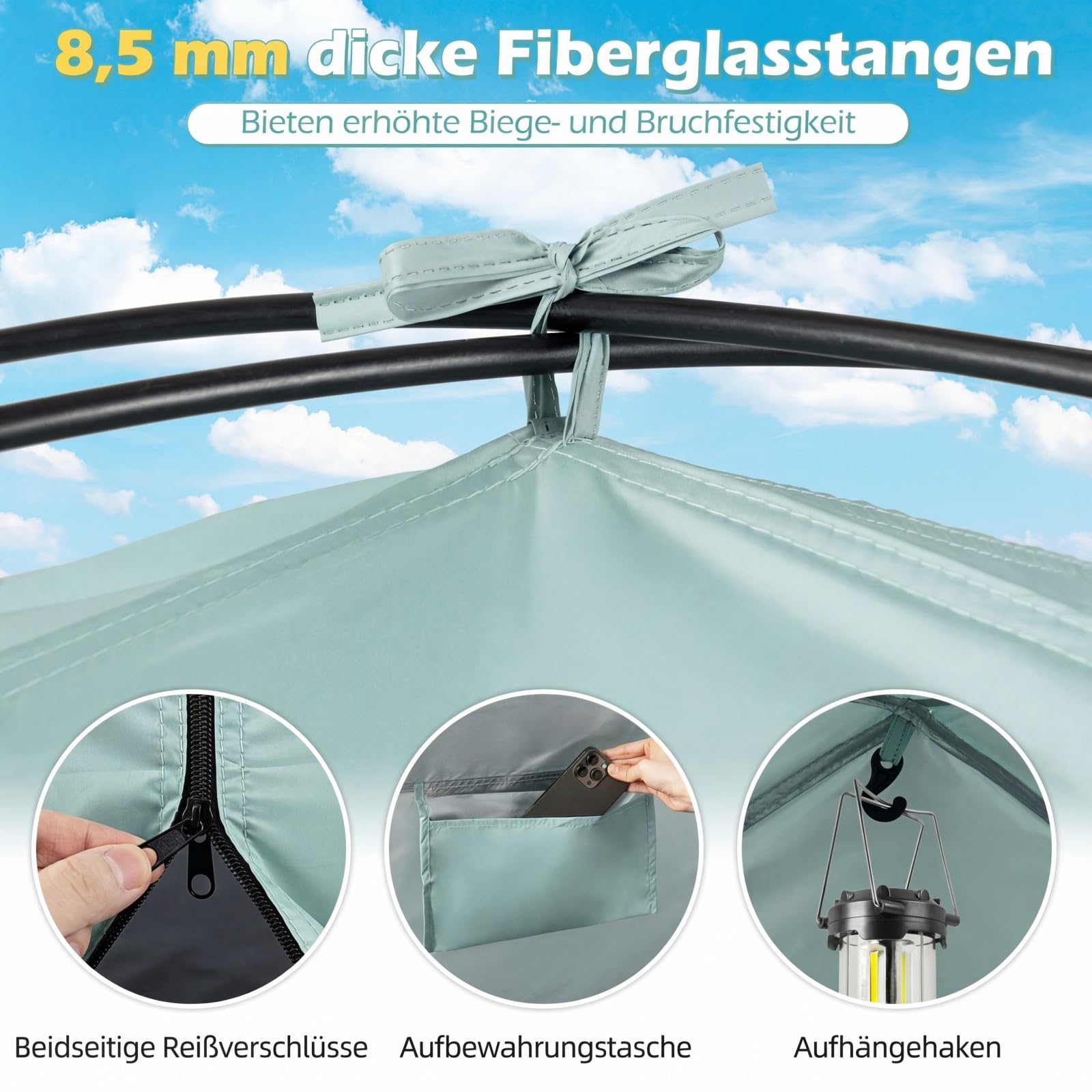 COSTWAY Strandmuschel mit Vordach, Strandzelt UV-Schutz 50+ mit Reißverschlusstüren & Netzfenstern, Zelt für 5-6 Personen inkl. Tragetasche & Heringe (260 x 150 x 160 cm,Grün)