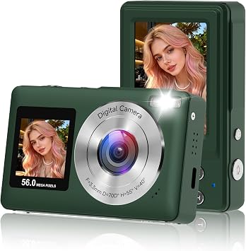 Digital Camera, 2026 Upgraded 56MP Dual Screens Digital Camera, Compact Cameras Built-in Battery with 16X Zoom Travel Cameras with Smile Capture 32GB SD Card Anti Shake for Kids Beginners Teens,Green