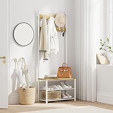 Amyove Coat Rack Shoe Bench, 3-in-1 Hall Tree Shoe Rack for Entryway, 3-Tier Storage Shelf and 8 Hooks Removable, Industrial Accent Furniture with Steel Frame, Multifunctional Hallway Organizer