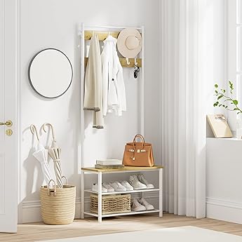 Amyove Coat Rack Shoe Bench, 3-in-1 Hall Tree Shoe Rack for Entryway, 3-Tier Storage Shelf and 8 Hooks Removable, Industrial Accent Furniture with Steel Frame, Multifunctional Hallway Organizer