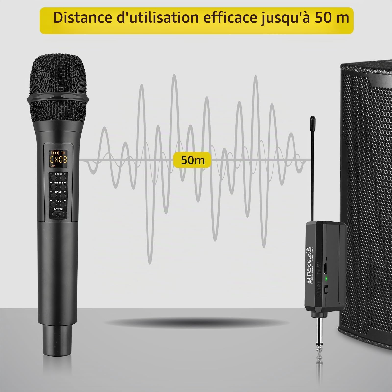 PROZOR Microphone sans Fil UHF, Micro Karaoke sans Fil Fréquence Réglable, Contrôle du Volume, Aigus, Basses, Echo, avec Récepteur Rechargeable, 50mTransmission, Port 3,5&6,5mm pour Église Mariage DJ
