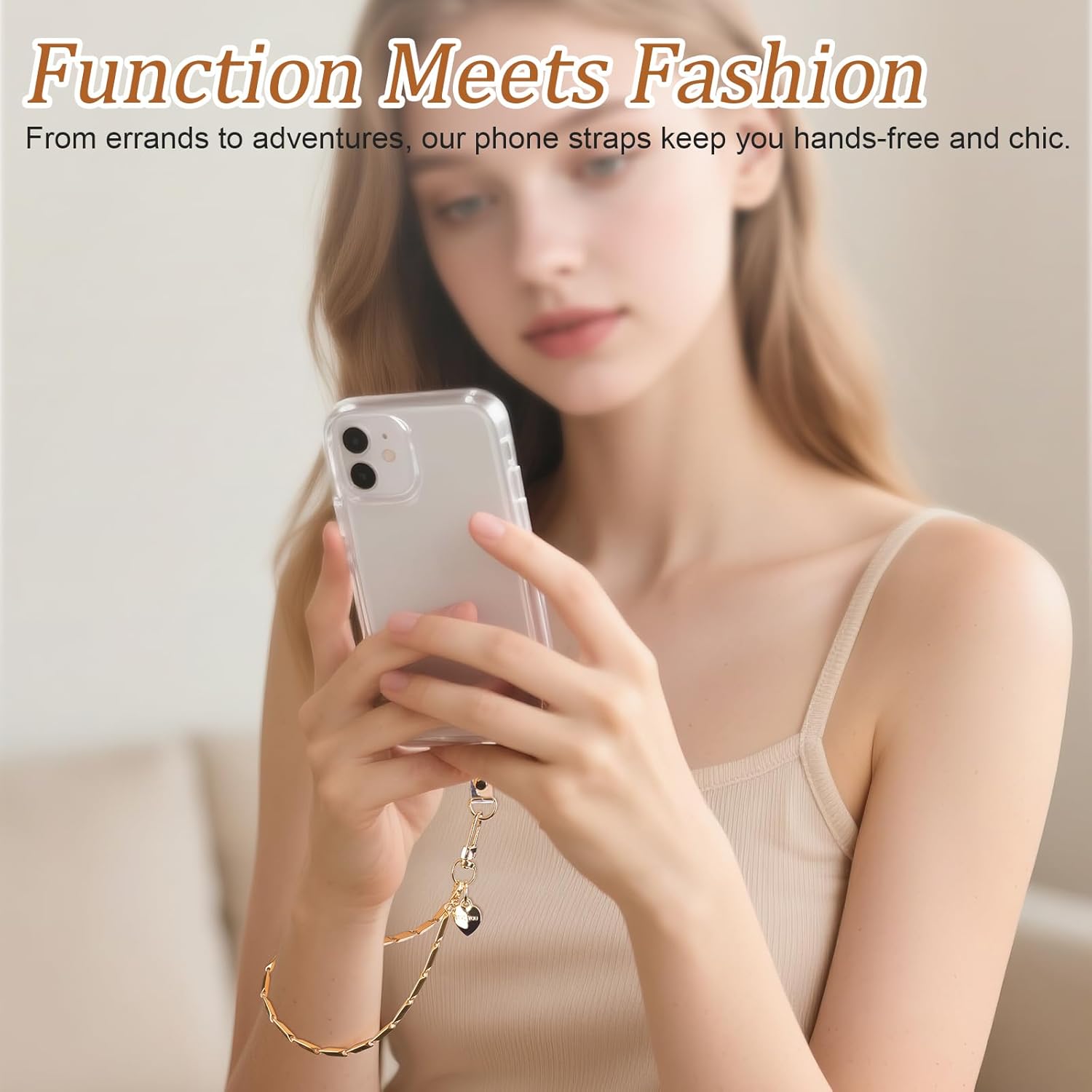 AULEEP Phone Chain Wristlet Gold Phone Charm Wrist Strap,Universal Metal Phone Wristlet with Clear Tether Tab,Anti Theft Phone Strap for Shopping Traveling Party - Image 2