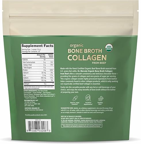 Miniatura 2 de Dr. Mercola Caldo de hueso orgánico colágeno en polvo, chocolate, 30 porciones (30 cucharadas), suplemento dietético, apoya la comodidad ósea y