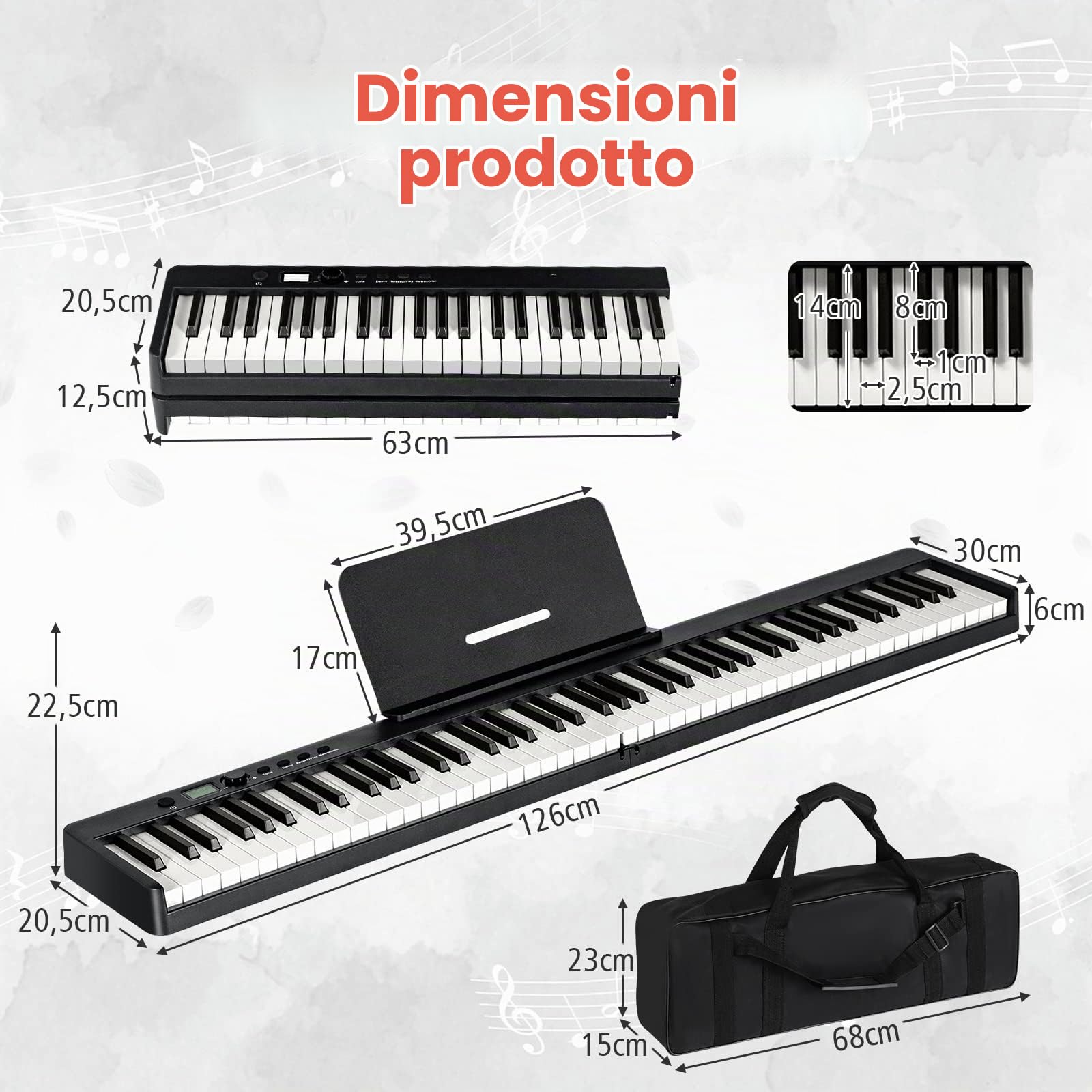 RELAX4LIFE Pianoforte Digitale 88 Tasti Semi-Pesati Pieghevole e Portabile con Custodia, Leggio, Sustain Pedali, Modalità di Insegnamento,MP3/USB/MIDI/Bluetooth, Nero